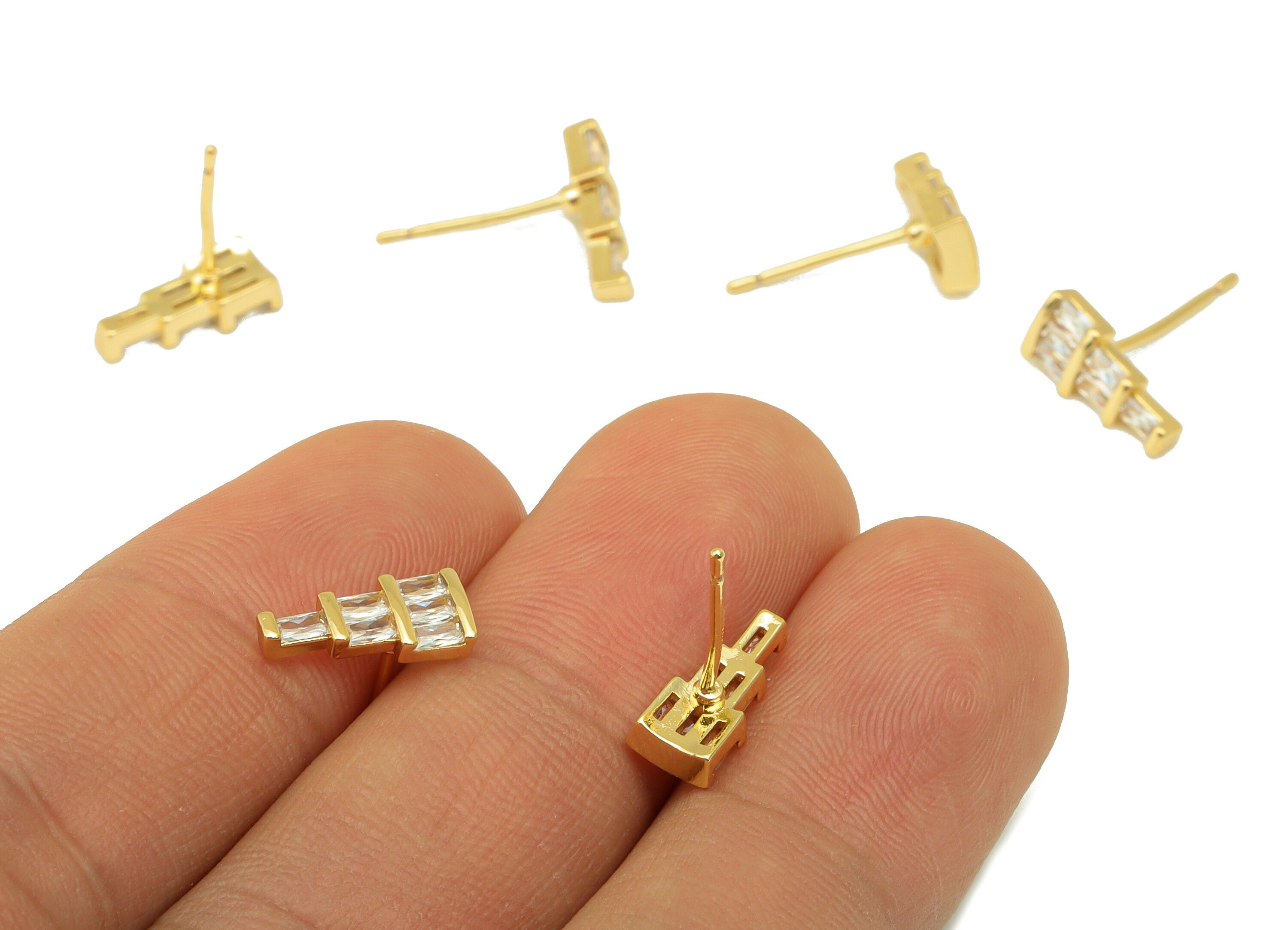 Brass Ladder Earring Stud - Brass Emerald CZ Earring Post - Cubic Zirconia Earring Post - 18K Real Gold Plated - 11.57x 5.27x 2.2mm- RGP6325 - DOMEDBAZAAR