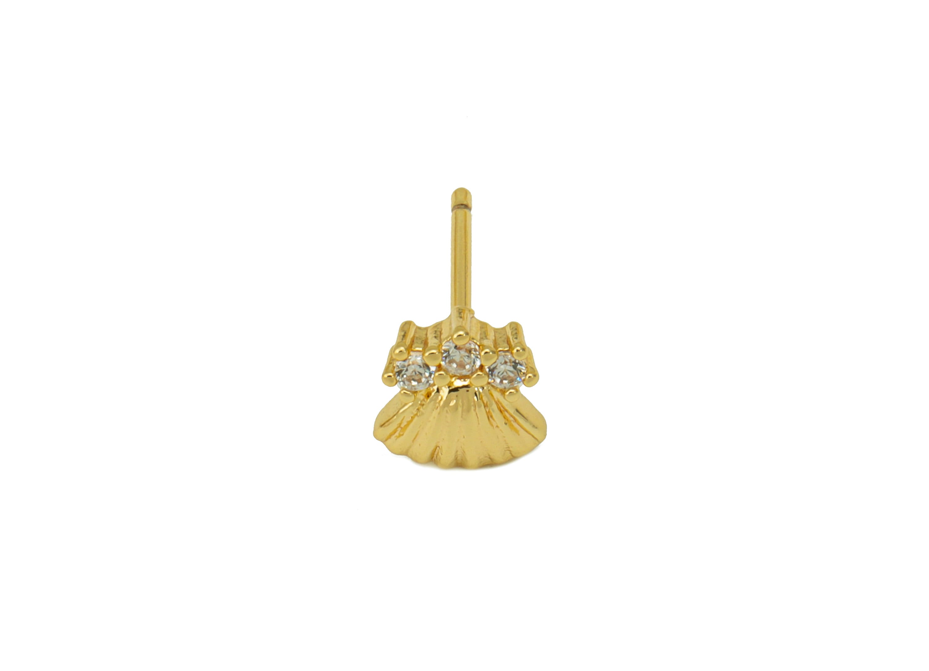 Brass Seashell Earring Stud - Brass Whale Tail Earring Post - Cubic Zirconia Earring Post - 18K Real Gold Plated - 6.73x6.37x2.57mm- RGP6392 - DOMEDBAZAAR