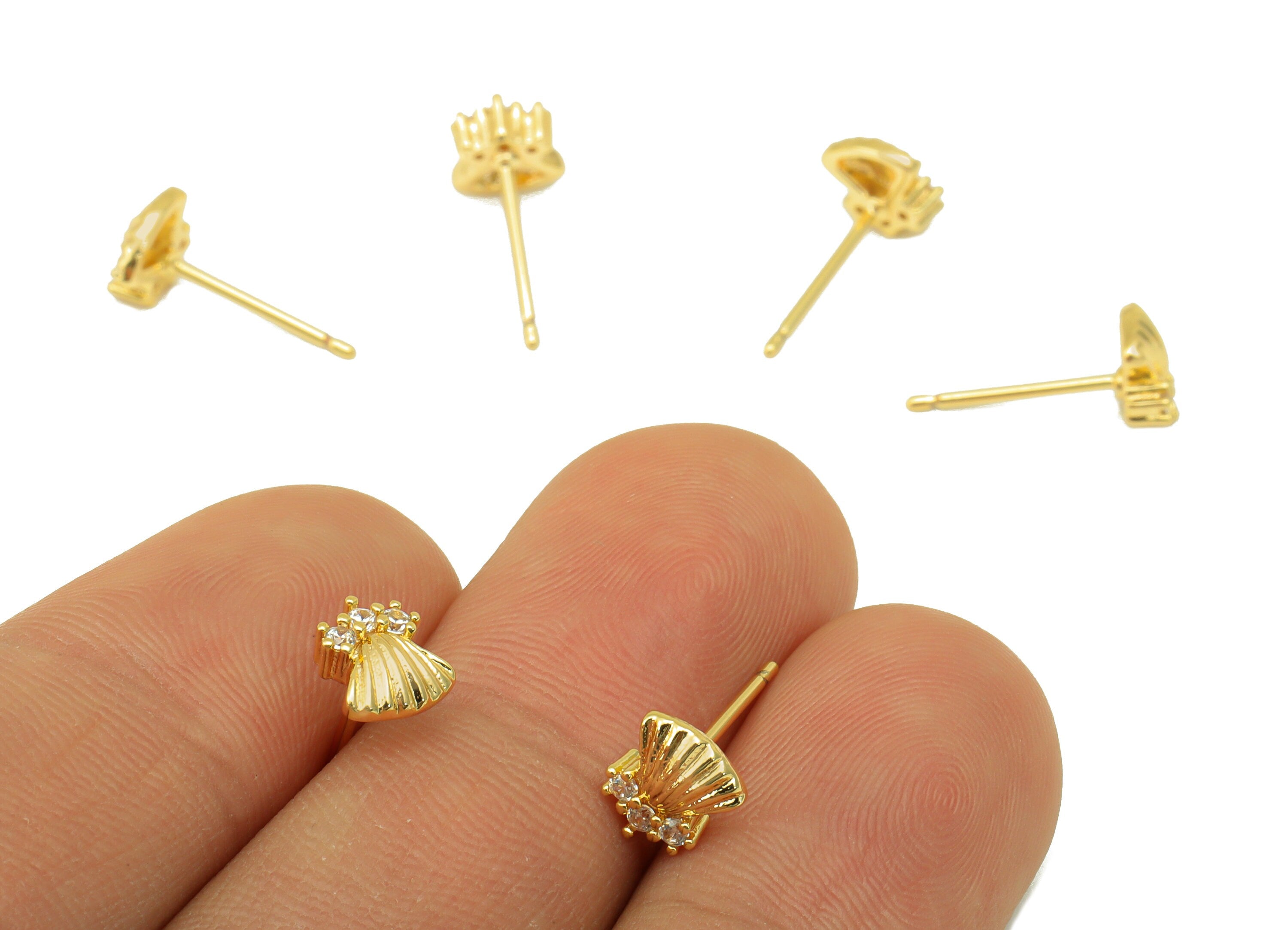 Brass Seashell Earring Stud - Brass Whale Tail Earring Post - Cubic Zirconia Earring Post - 18K Real Gold Plated - 6.73x6.37x2.57mm- RGP6392 - DOMEDBAZAAR