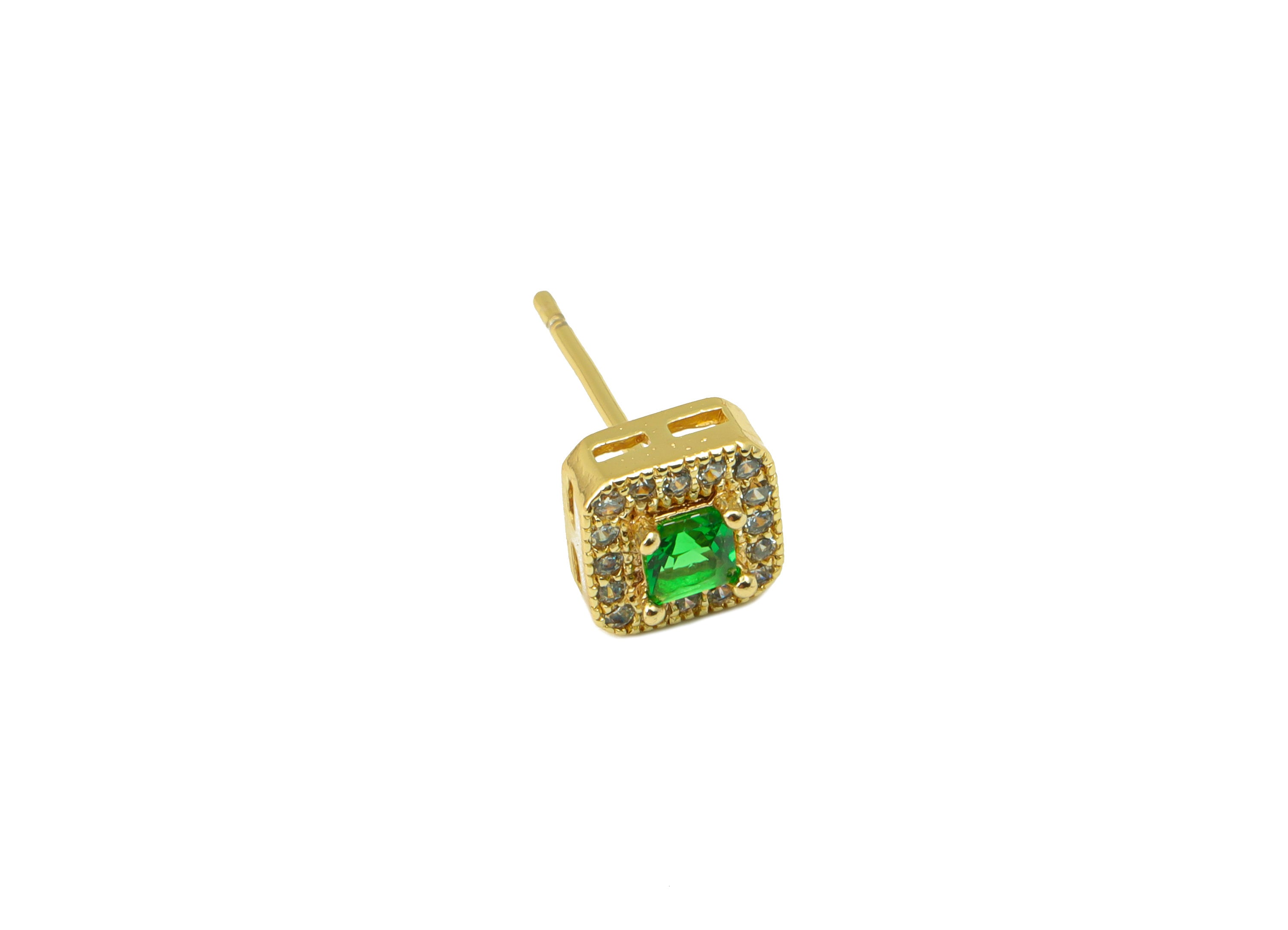 Brass Cube Earring Stud - Brass Cubic Zirconia Earring Post- Mini Square Green Cube CZ Earring Post - 18k Real Gold plated - 7x7x4mm-RGP6490 - DOMEDBAZAAR