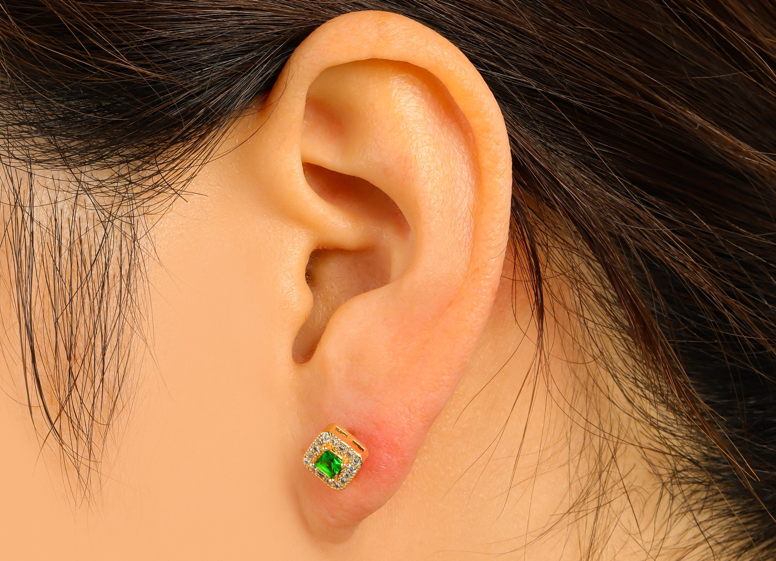 Brass Cube Earring Stud - Brass Cubic Zirconia Earring Post- Mini Square Green Cube CZ Earring Post - 18k Real Gold plated - 7x7x4mm-RGP6490 - DOMEDBAZAAR
