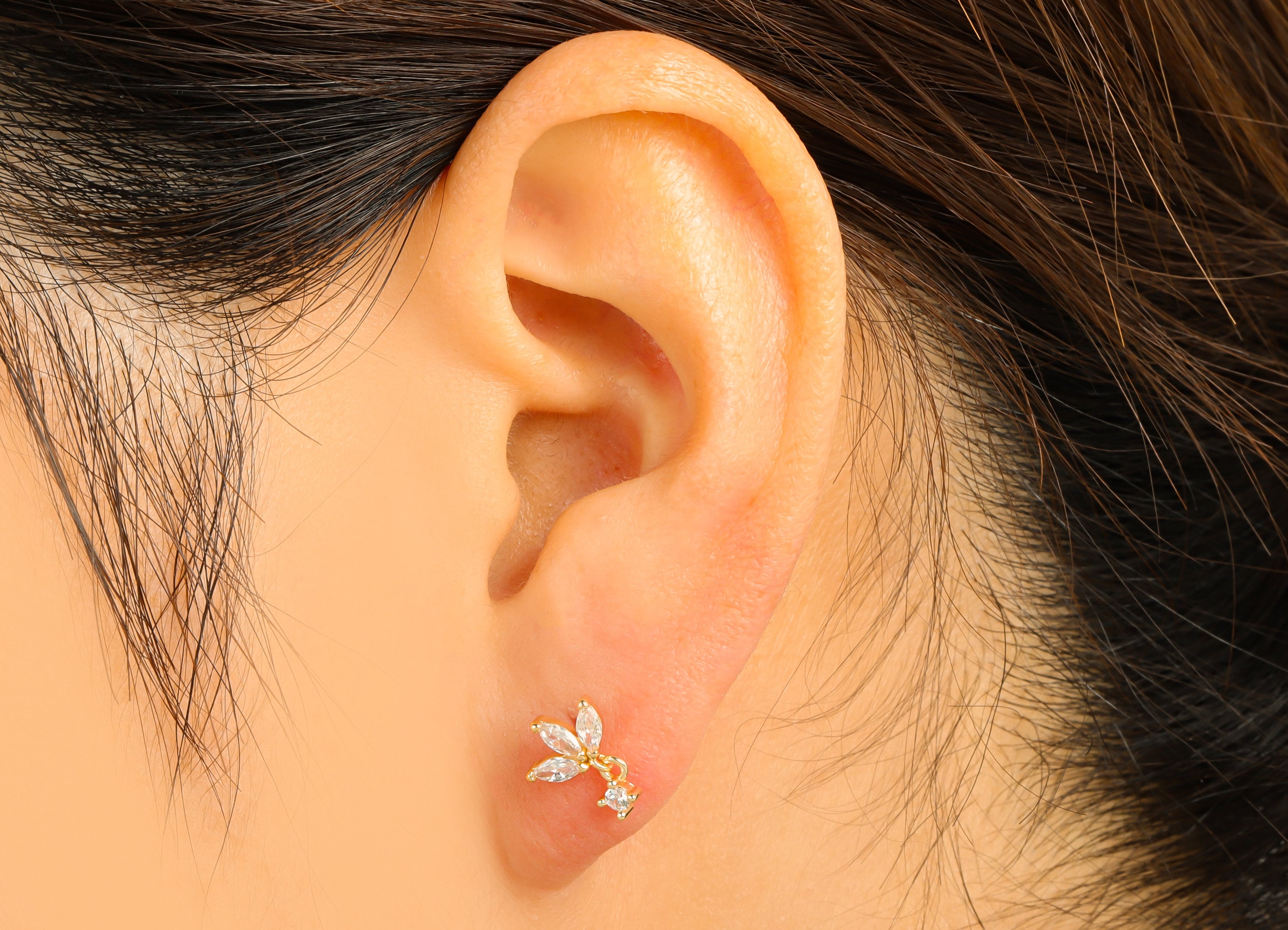 Brass Petal Earring Stud - Brass Marquise Earring Post - Shake Cubic Zirconia Earring Post - 18K Real Gold Plated - 11.09x8.1x1.9mm- RGP6391 - DOMEDBAZAAR