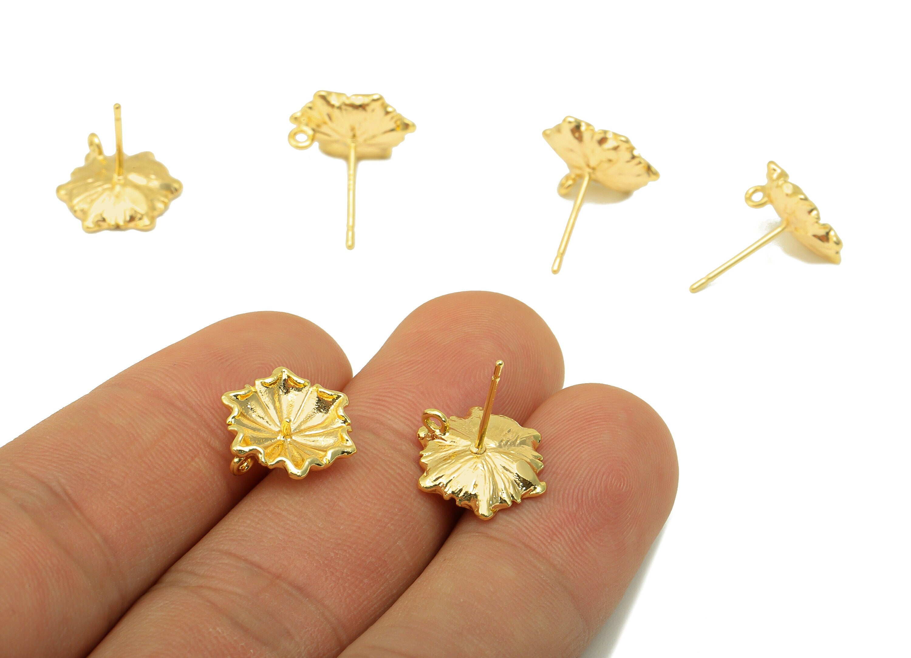 Brass Flower Earring Stud - Lotus Leaf Earring Post -Botanical Earring Post For Pearl - 18K Real Gold Plated - 12.15x12.15x 1.19mm- RGP6249 - DOMEDBAZAAR