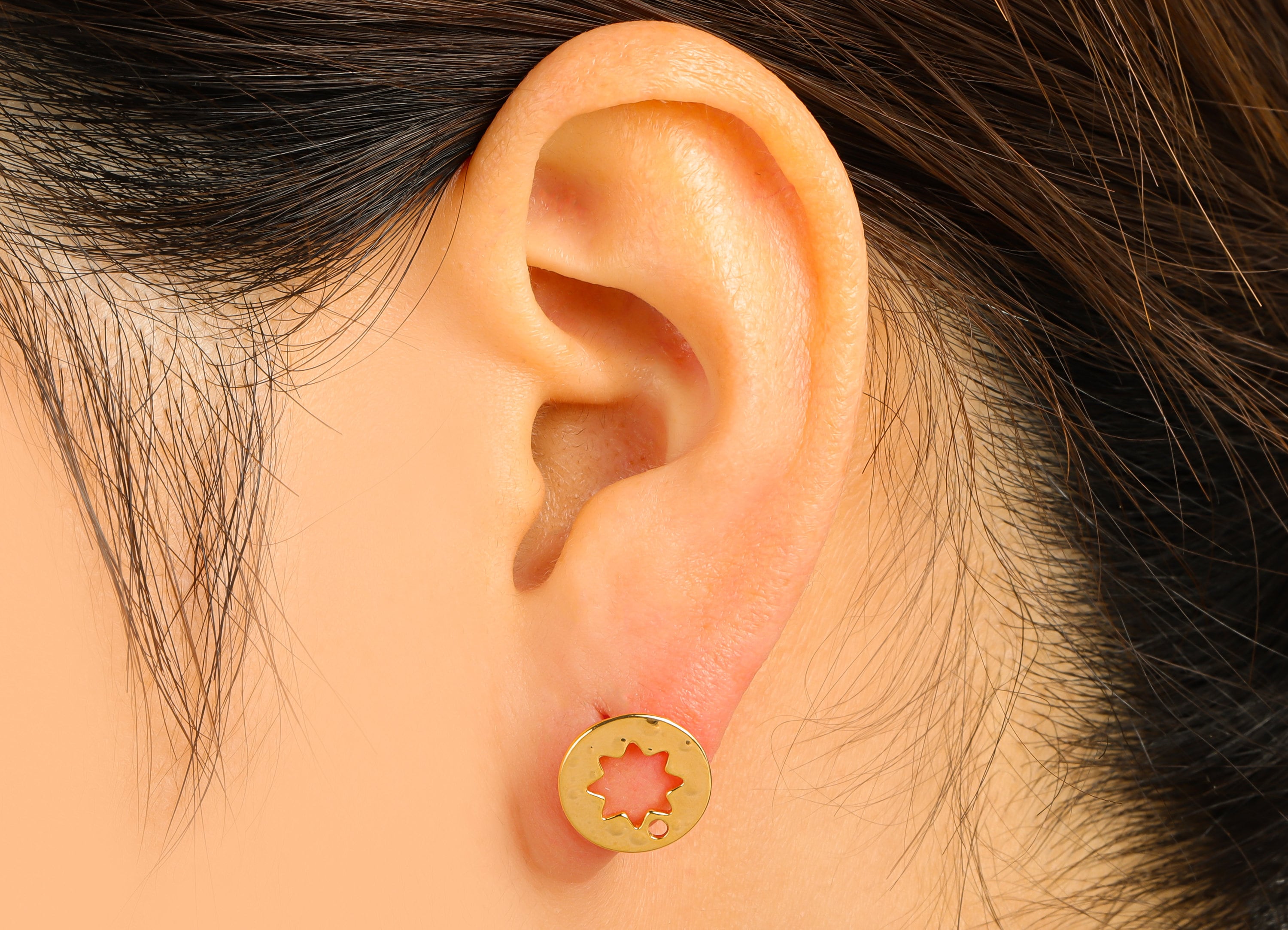 Brass Round Earring Stud - Flower Earring Post With Hole -Hollow Star Earring Post - 18K Real Gold Plated - 11.97x11.63x 0.92mm- RGP6266 - DOMEDBAZAAR