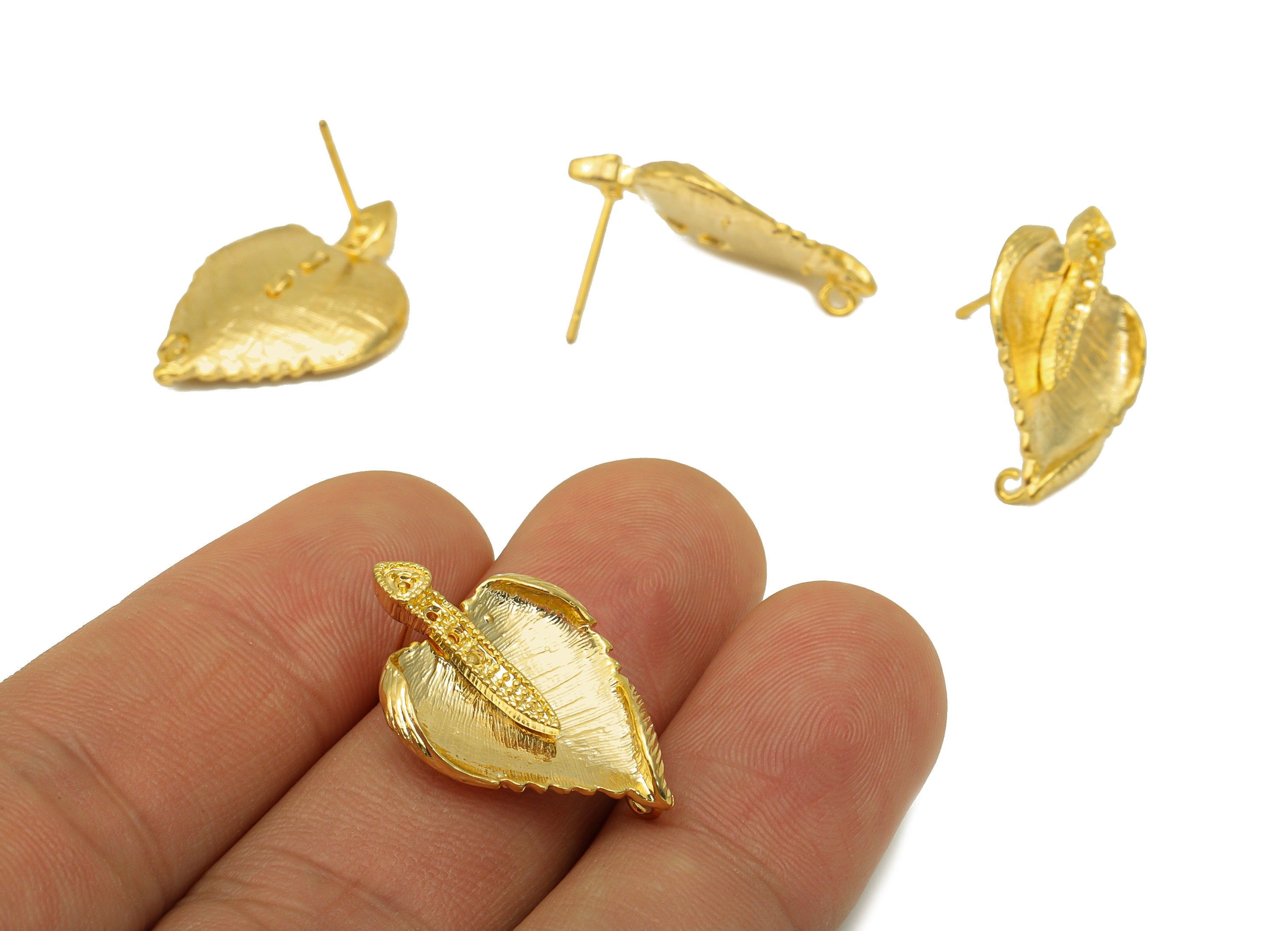 Brass Leaf Earring Stud -Textured Earring Post - Botanical Earring Post - Poplar Earring Post - 18K Real Gold Plated - 25.36x17x2mm- RGP6203 - DOMEDBAZAAR