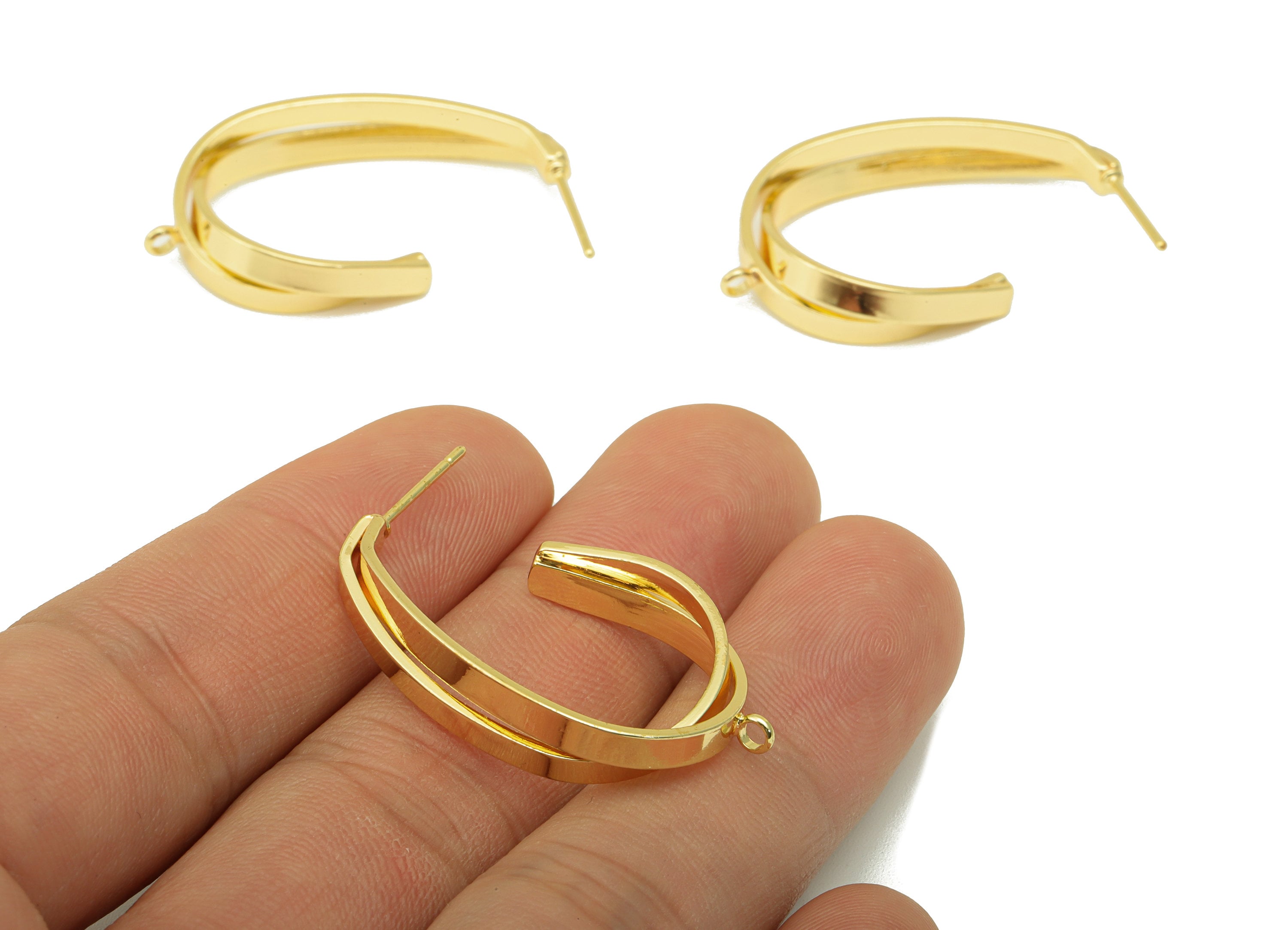 Brass Open Hoop Stud - Oval Rectangle Earring Post - Hoop Earring Post With Loop - Earring Post - 18K Real Gold Plated - 25x17x2mm- RGP6263 - DOMEDBAZAAR