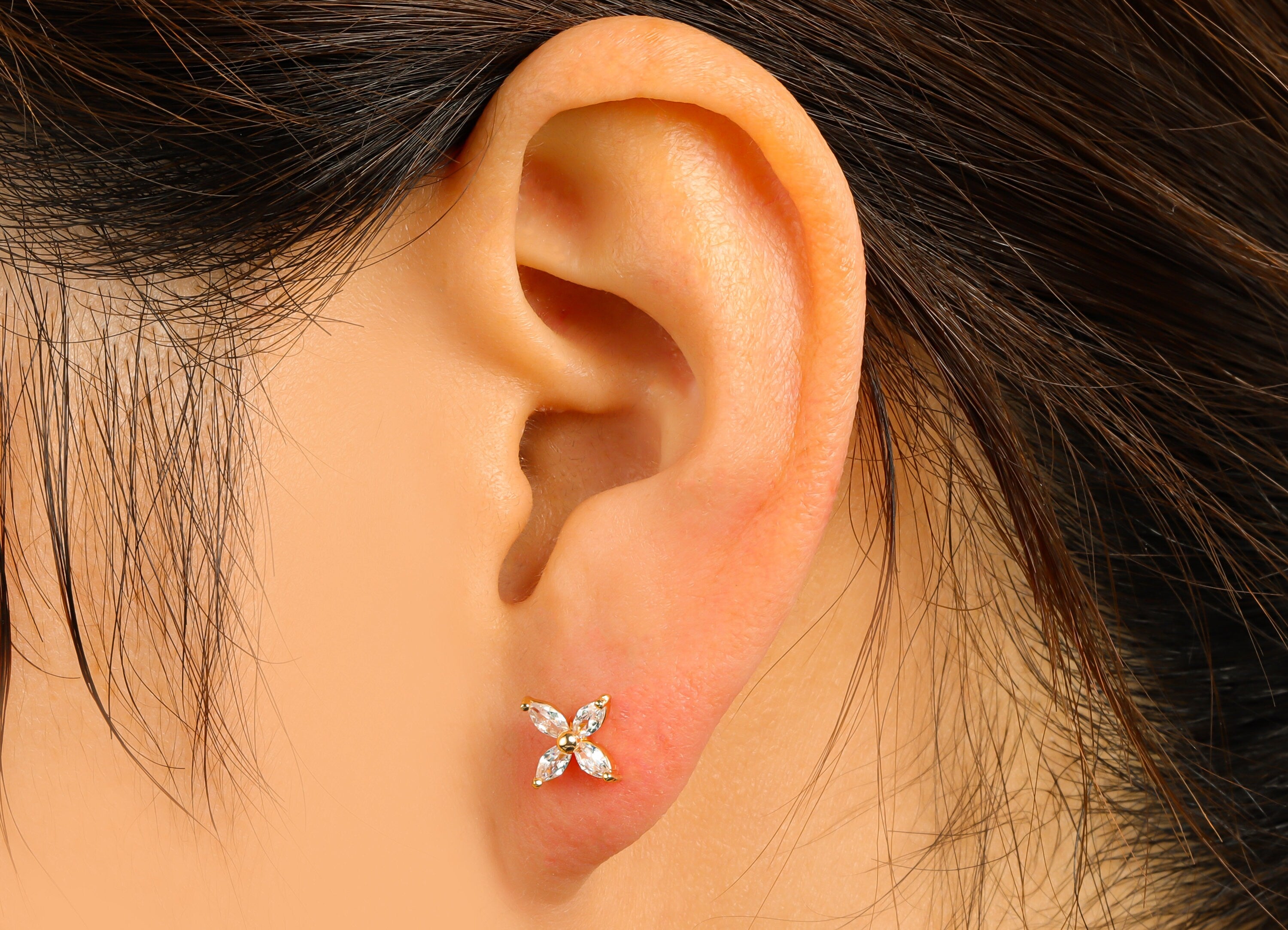Brass Flower Earring Stud - Brass CZ Marquise Post - Cubic Zircon Earring Post - Earring Post -18K Real Gold Plated -7.23x7.2x1.64mm-RGP6520 - DOMEDBAZAAR