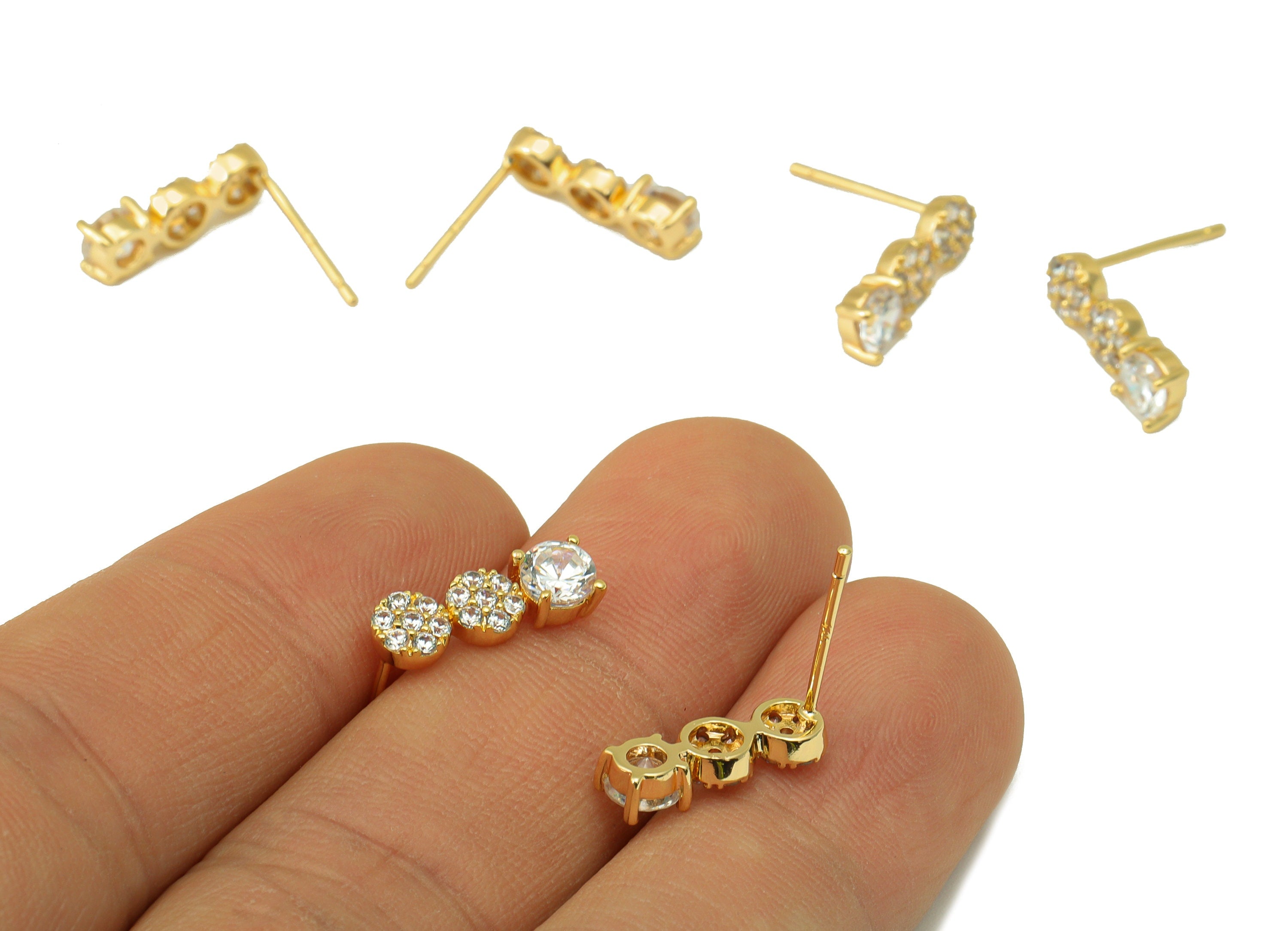 Brass Round Earring Stud - Brass CZ Circle Post - Cubic Zircon Earring Post - Earring Post -18K Real Gold Plated -14.5x4.86x2.08mm-RGP6566 - DOMEDBAZAAR