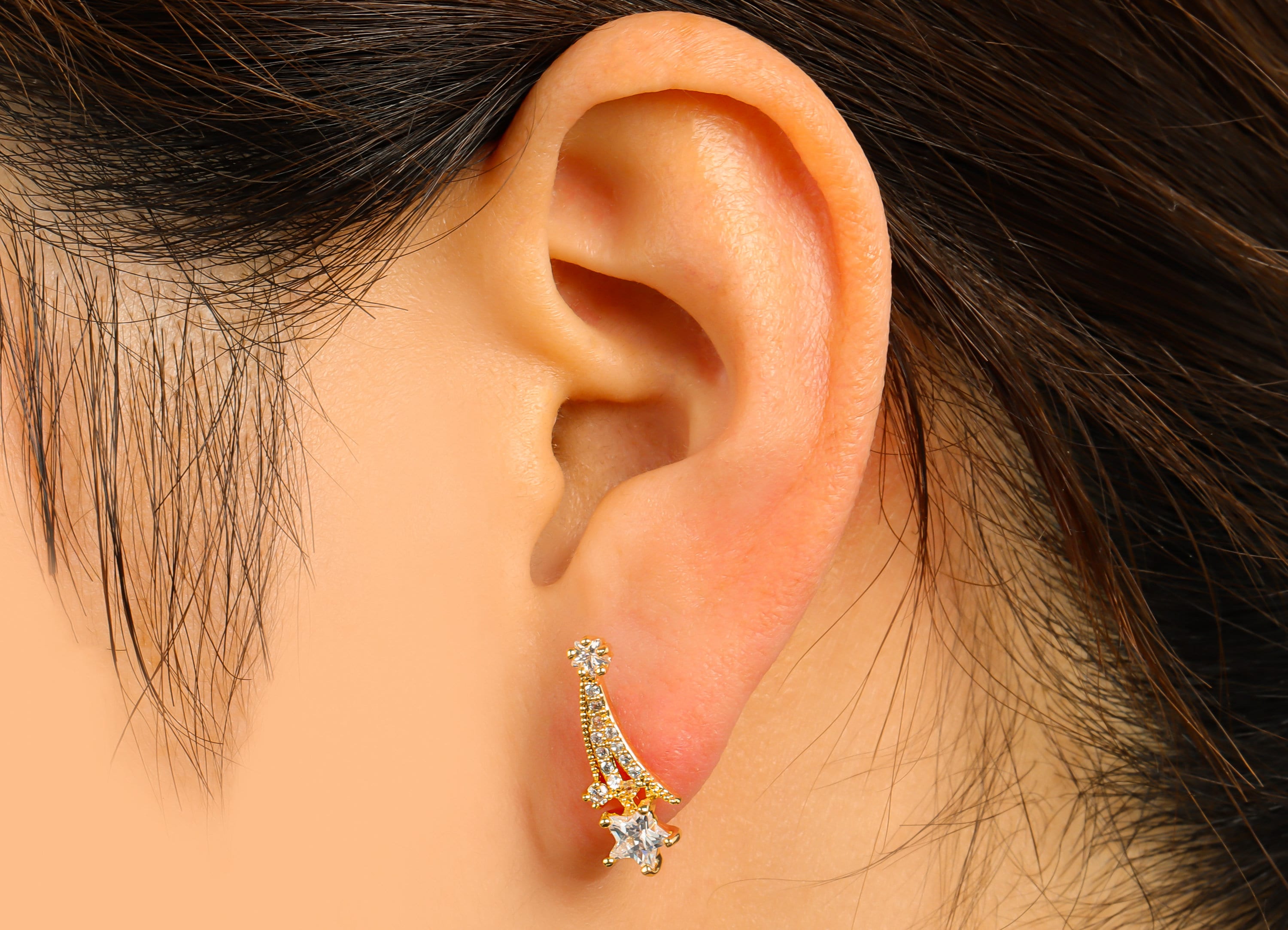 Brass Falling Star Earring Stud - Brass CZ Meteor Post - Cubic Zircon Post - Shooting Star Earring -18K Real Gold Plated -19x7x3mm-RGP6482 - DOMEDBAZAAR