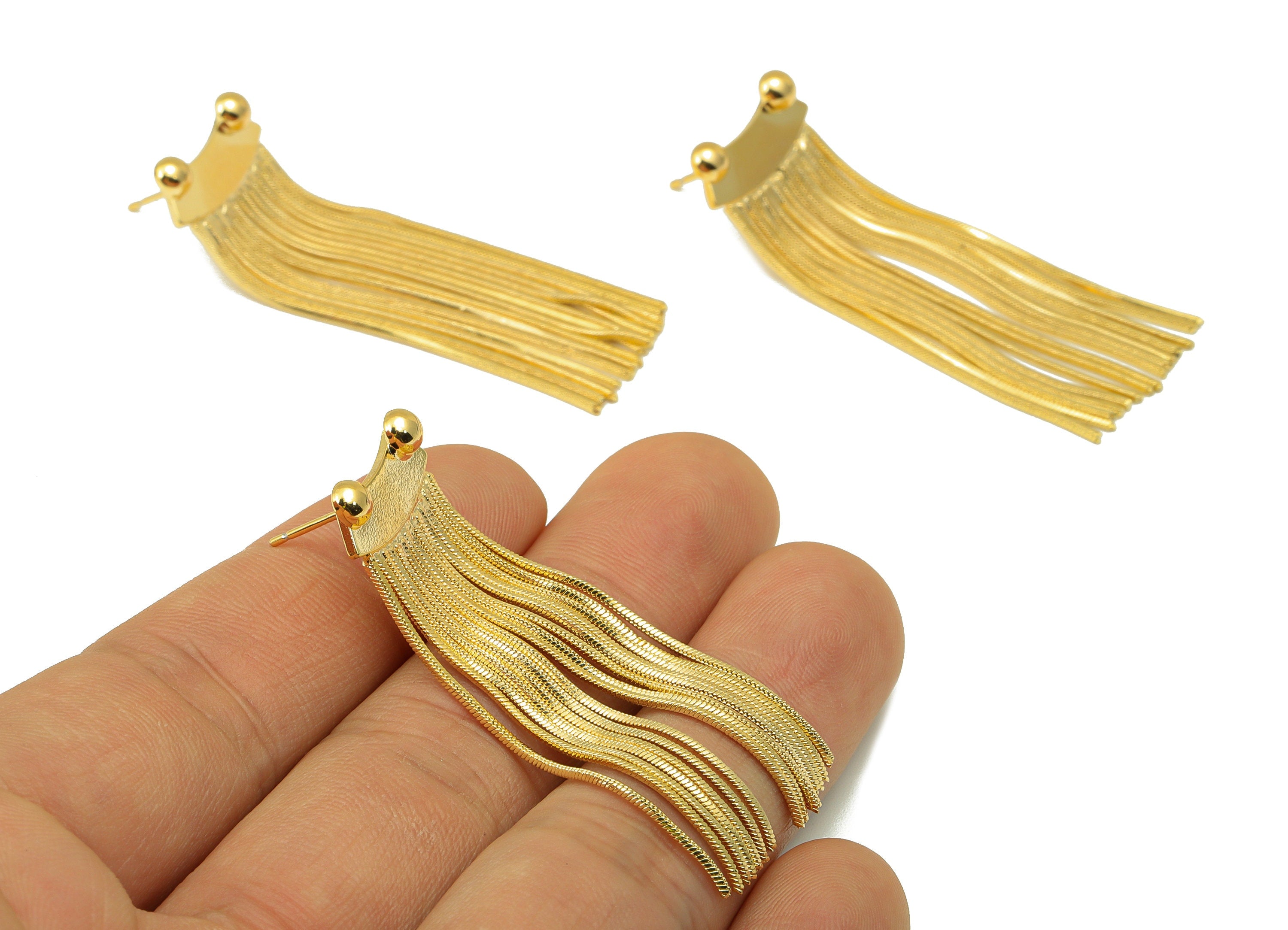 Brass Frog Earring Stud - Tassel Earring Post - Bead Earring Post - Snake Chain Dangle Earring -18K Real Gold Plated - 52x17x1mm - RGP6486 - DOMEDBAZAAR