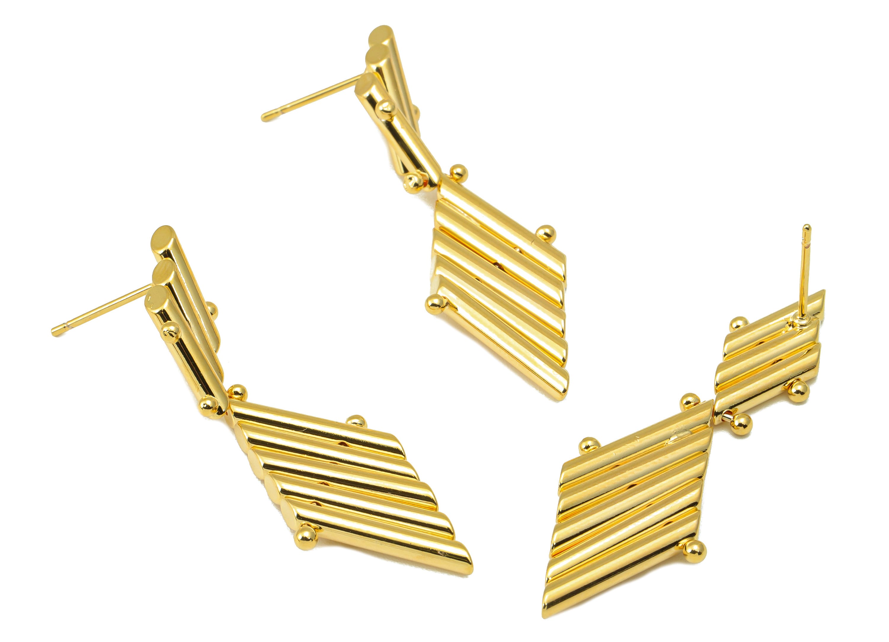 Brass Bar Earring Stud - Brass Long Bar Post - Brass Hanging Pan Flute Dangle Earring Post- 18K Real Gold Plated -39.72x15.54x2.56mm-RGP6542 - DOMEDBAZAAR