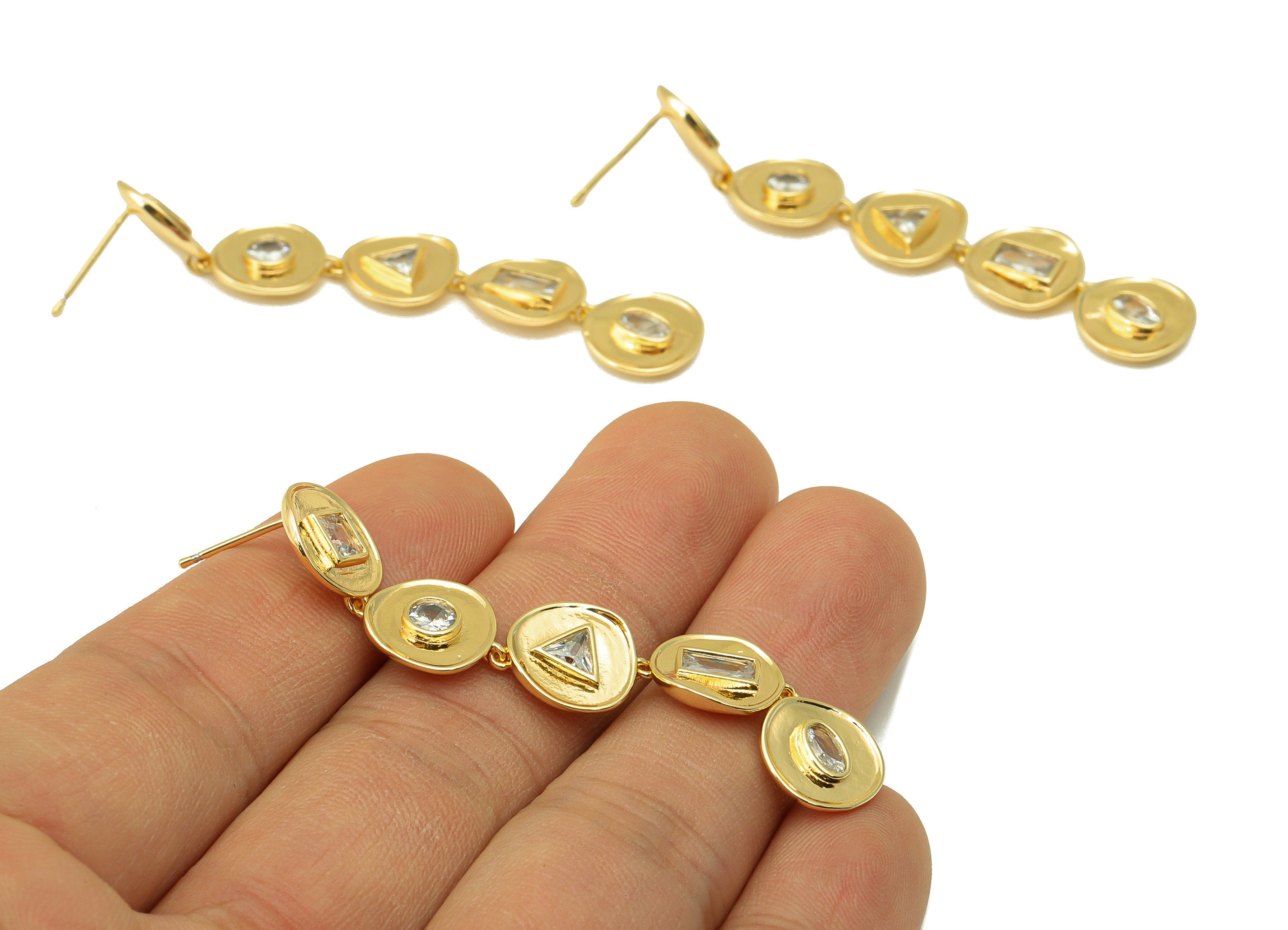 Brass Bent Round Earring Stud - Brass Triangle Hanging Cubic Zircon Post - Shapes Dangle Earring - 18K Real Gold Plated - 61x11x3mm-RGP6544 - DOMEDBAZAAR