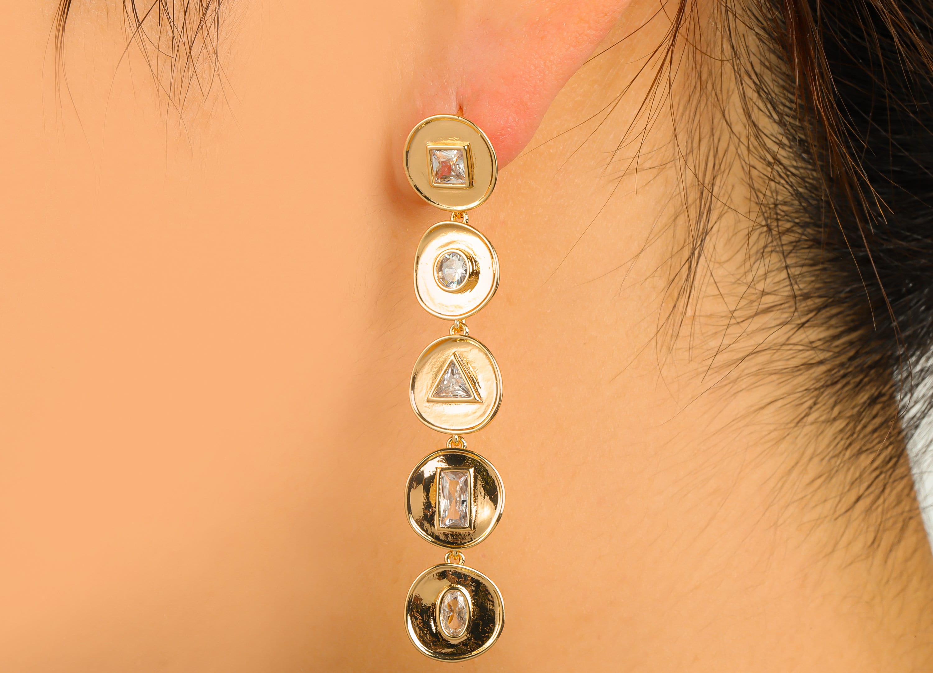 Brass Bent Round Earring Stud - Brass Triangle Hanging Cubic Zircon Post - Shapes Dangle Earring - 18K Real Gold Plated - 61x11x3mm-RGP6544 - DOMEDBAZAAR