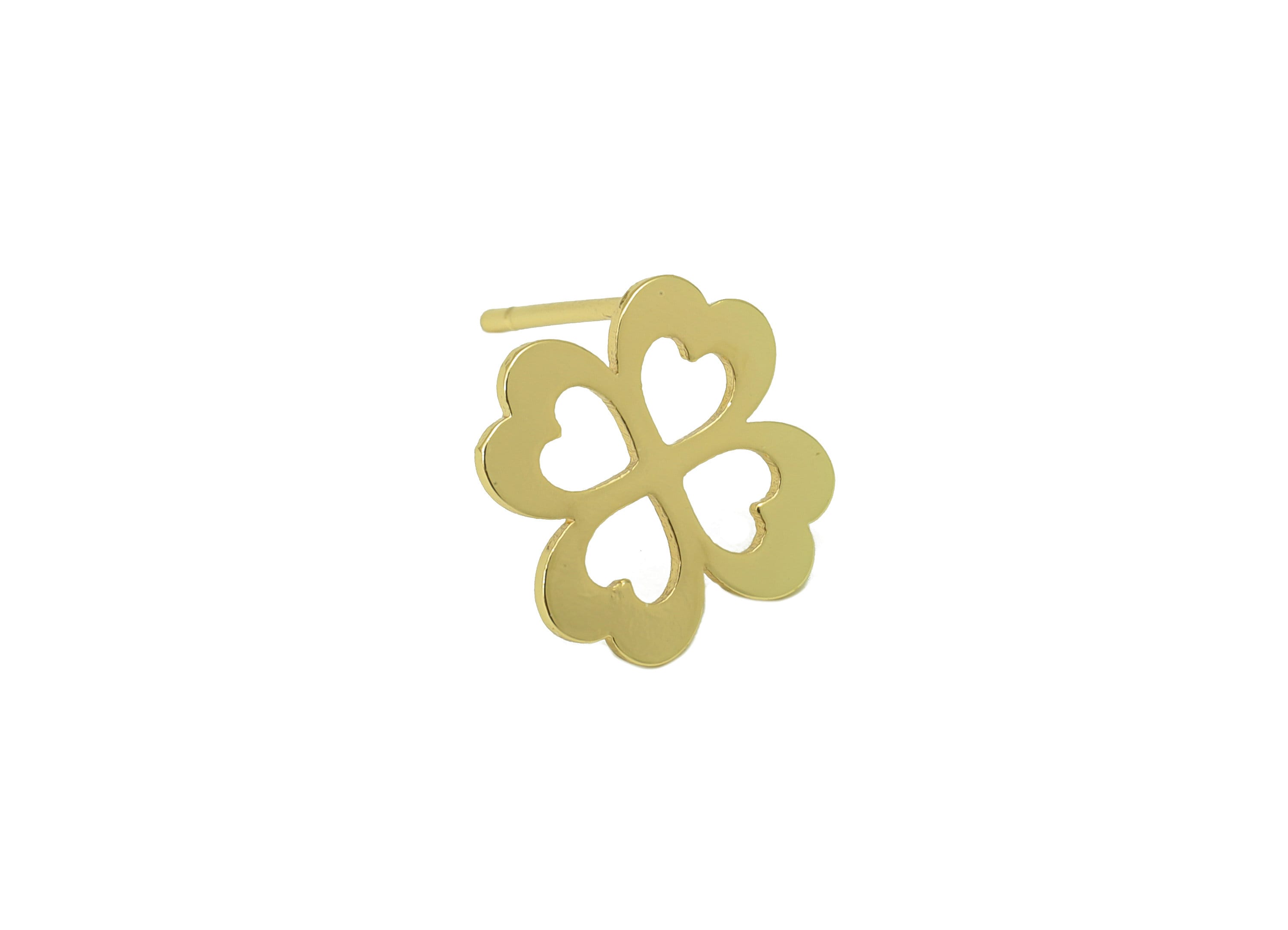 Brass Flower Earring Stud - Brass Heart Earring Post - Botanical Hollow - Gold Clover Earring- 18K Real Gold Plated - 12x12x1mm-RGP6581G - DOMEDBAZAAR