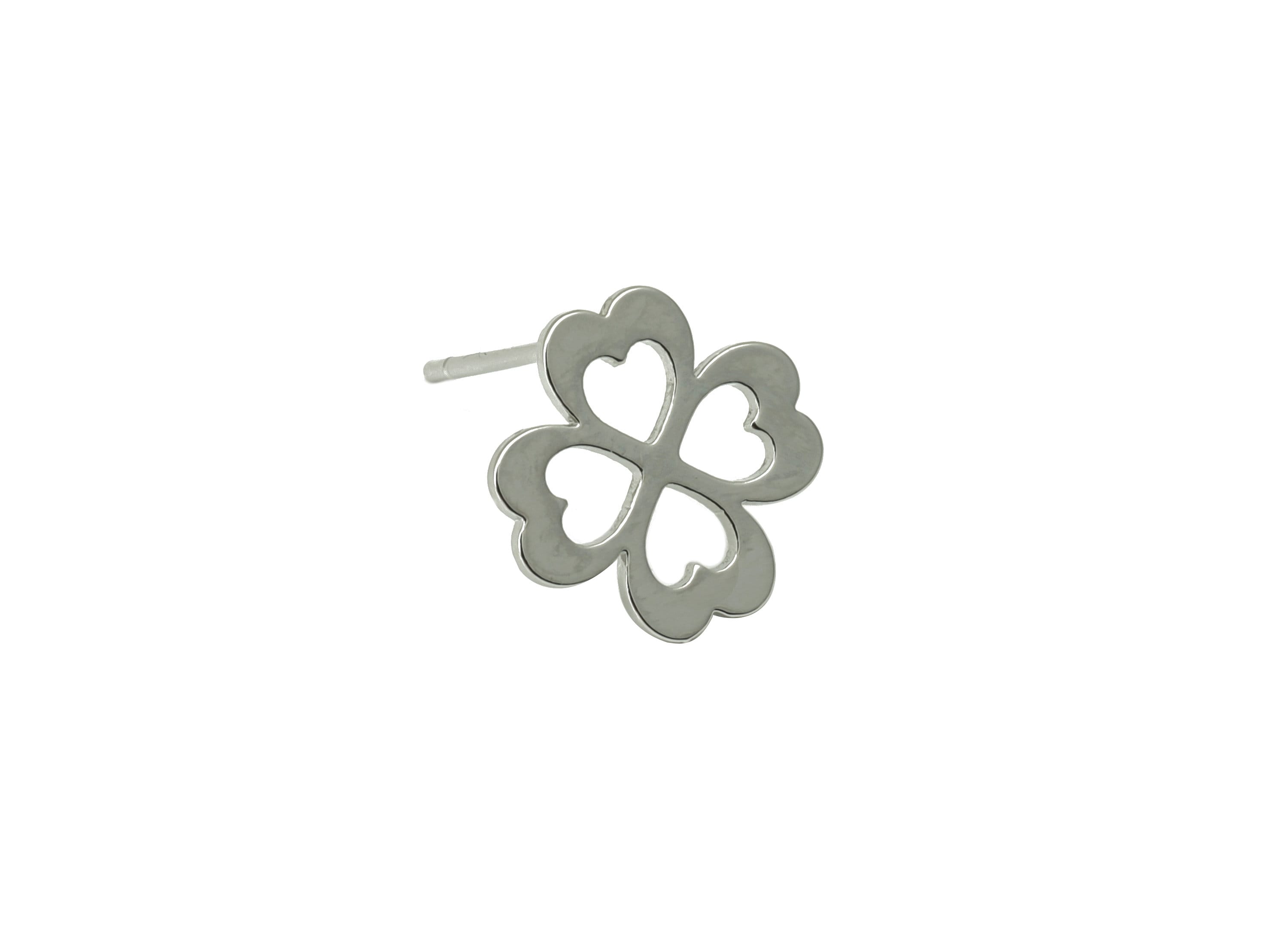 Brass Flower Earring Stud - Brass Heart Earring Post - Silver Clover Earring Post - 18K Real White Gold Plated - 12x11.9x1.23mm-RGP6581S - DOMEDBAZAAR
