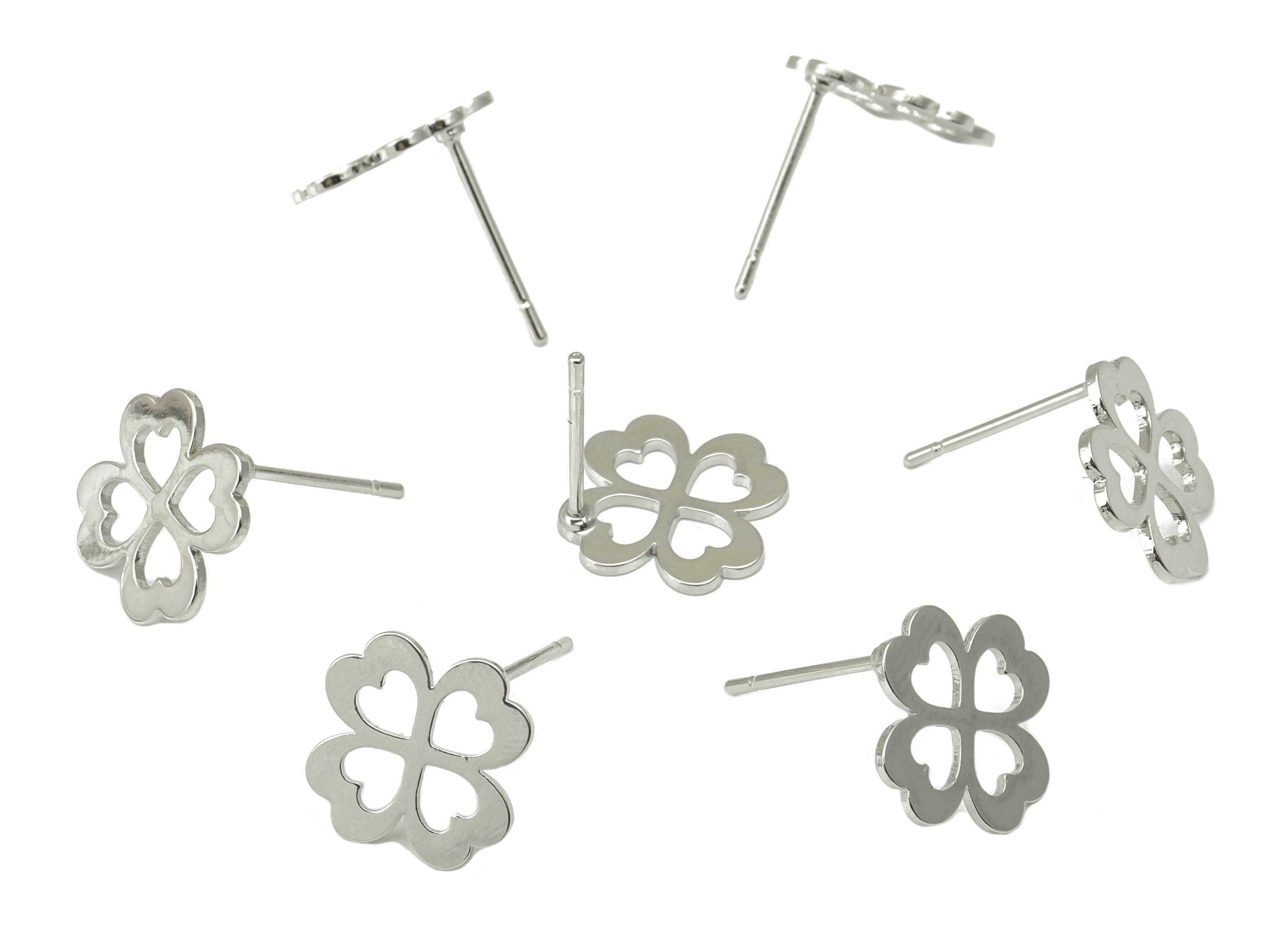 Brass Flower Earring Stud - Brass Heart Earring Post - Silver Clover Earring Post - 18K Real White Gold Plated - 12x11.9x1.23mm-RGP6581S - DOMEDBAZAAR