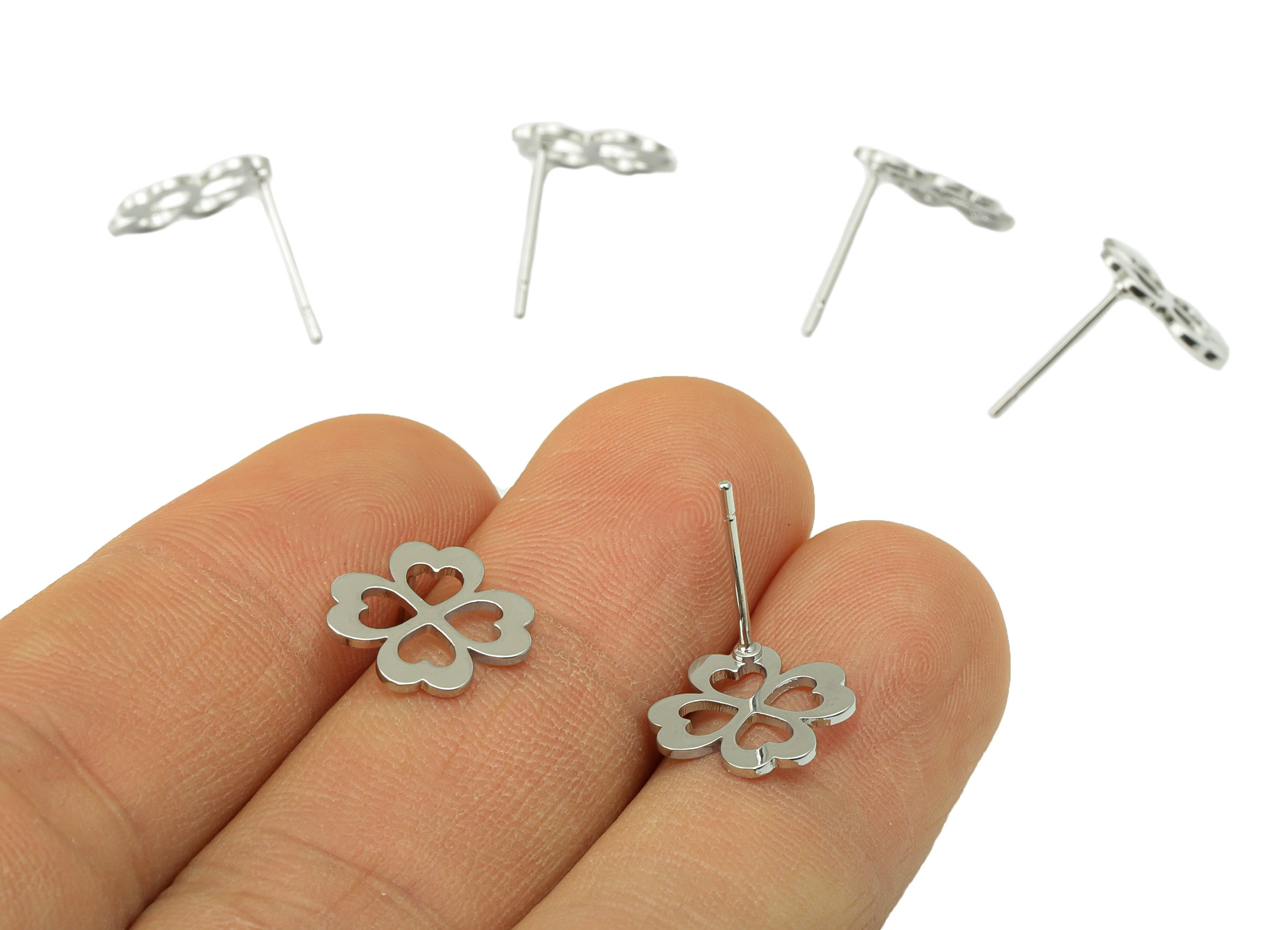 Brass Flower Earring Stud - Brass Heart Earring Post - Silver Clover Earring Post - 18K Real White Gold Plated - 12x11.9x1.23mm-RGP6581S - DOMEDBAZAAR