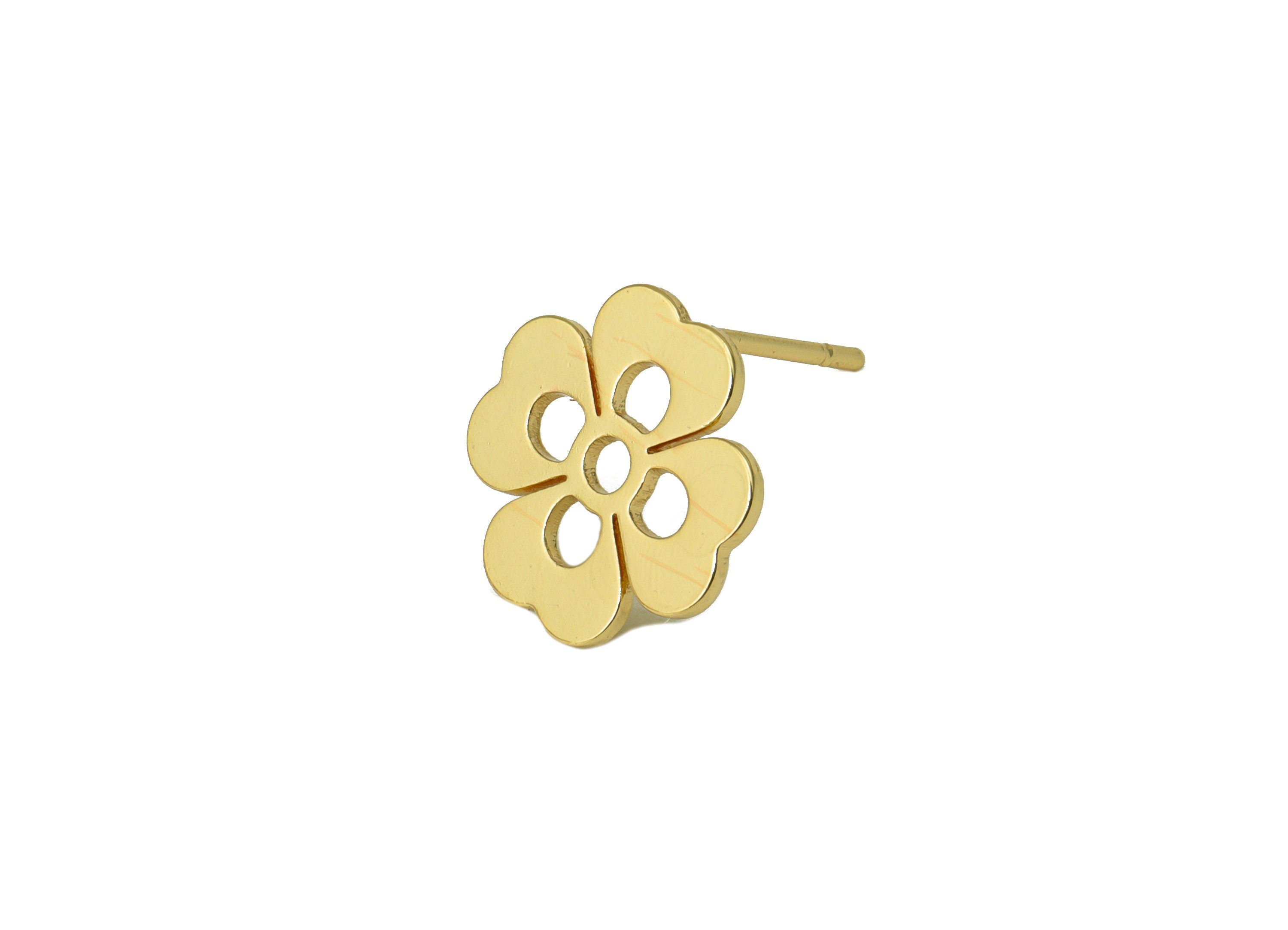 Brass Flower Earring Stud - Brass Heart Earring Post - Circle Gold Clover Earring Post - 18K Real Gold Plated - 11x11x0.65mm-RGP6582G - DOMEDBAZAAR