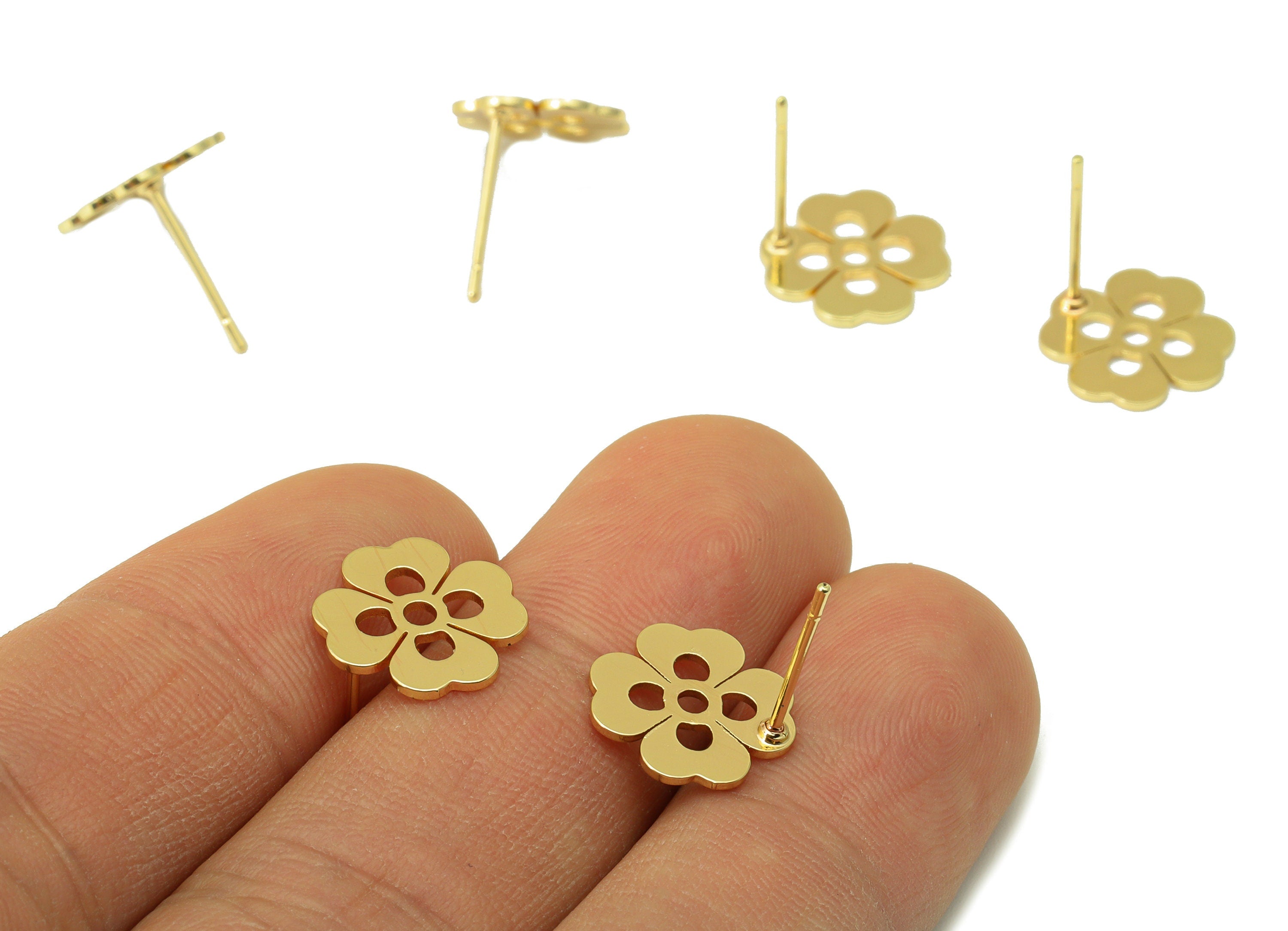 Brass Flower Earring Stud - Brass Heart Earring Post - Circle Gold Clover Earring Post - 18K Real Gold Plated - 11x11x0.65mm-RGP6582G - DOMEDBAZAAR