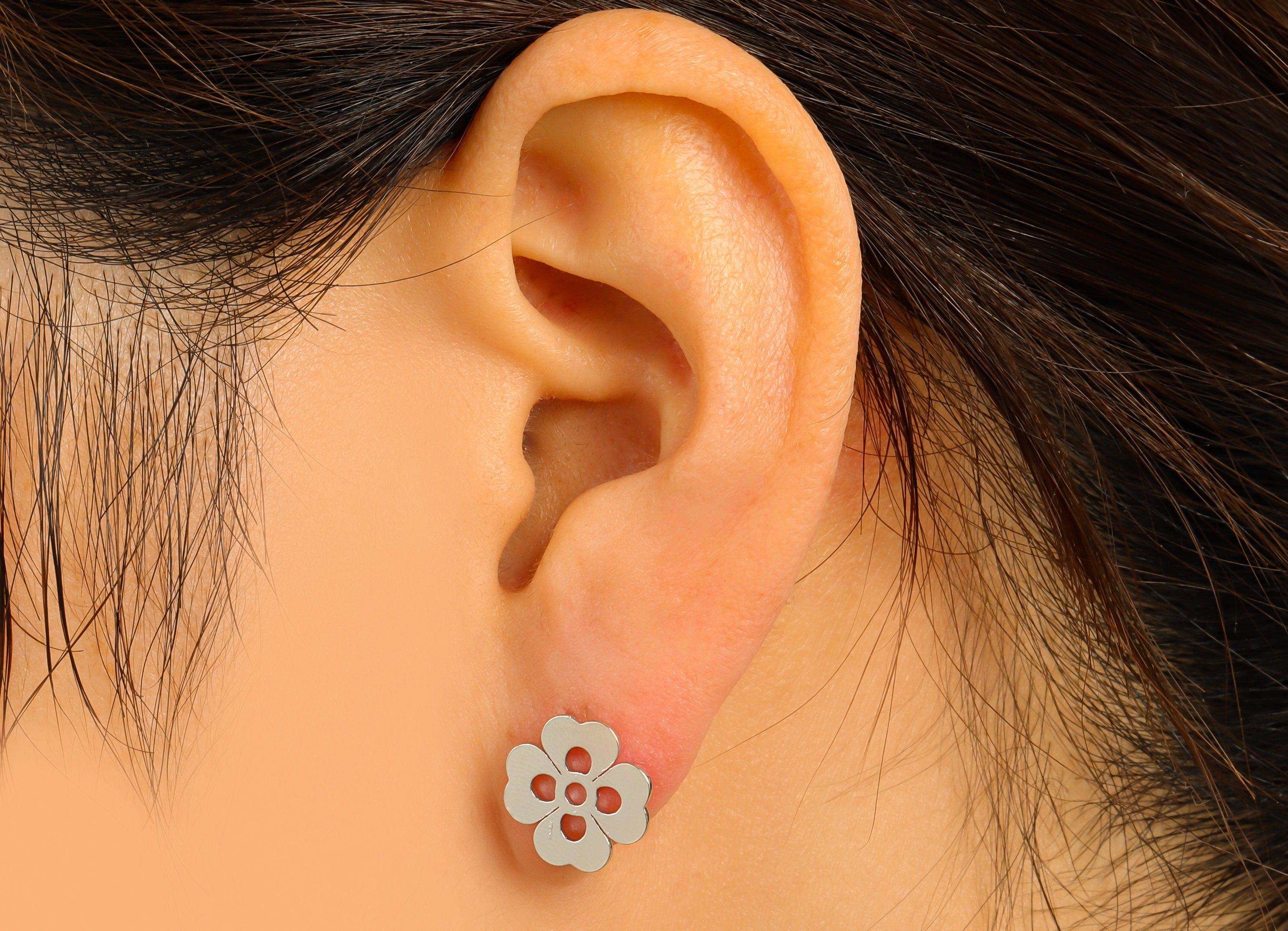 Brass Heart Earring Stud - Brass Flower Earring Post - Silver Clover Earring Post - 18K Real White Gold Plated -11.39x11.39x1mm-RGP6582S - DOMEDBAZAAR