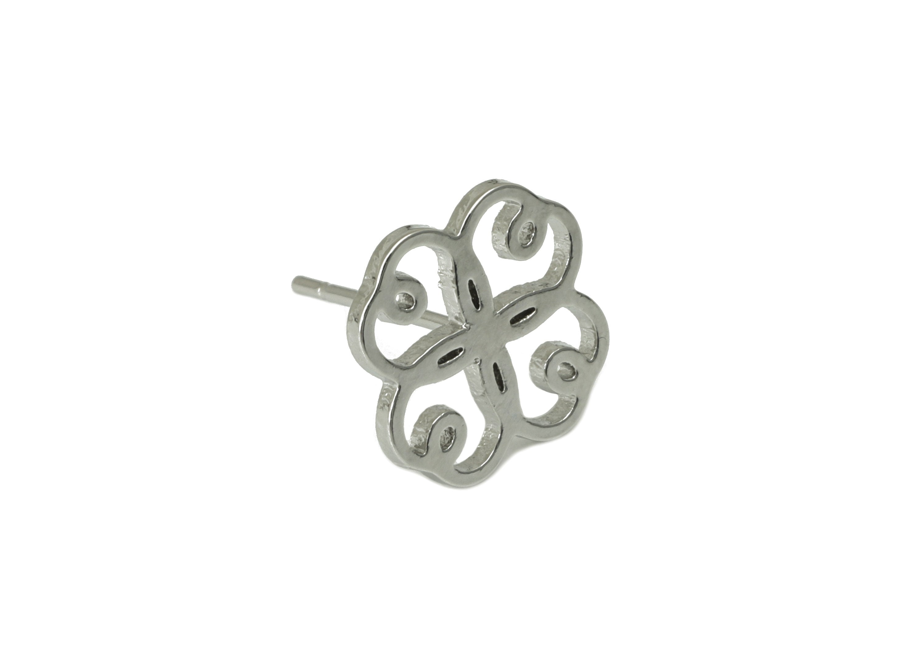 Brass Flower Earring Stud - Brass Window Cut Earring Post - Heart Silver Clover Earring Post -18K Real White Gold Plated- 11x11x1mm-RGP6583S - DOMEDBAZAAR
