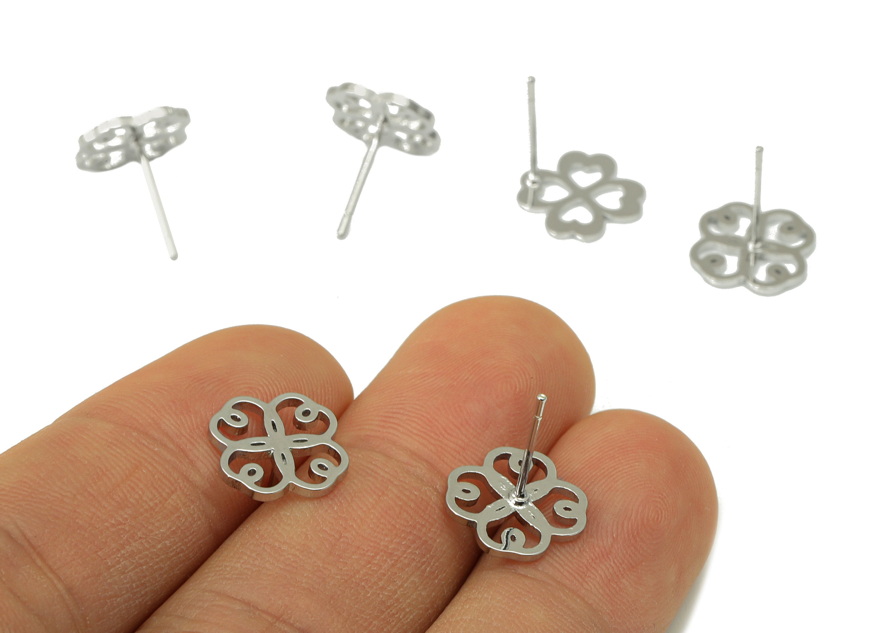 Brass Flower Earring Stud - Brass Window Cut Earring Post - Heart Silver Clover Earring Post -18K Real White Gold Plated- 11x11x1mm-RGP6583S - DOMEDBAZAAR