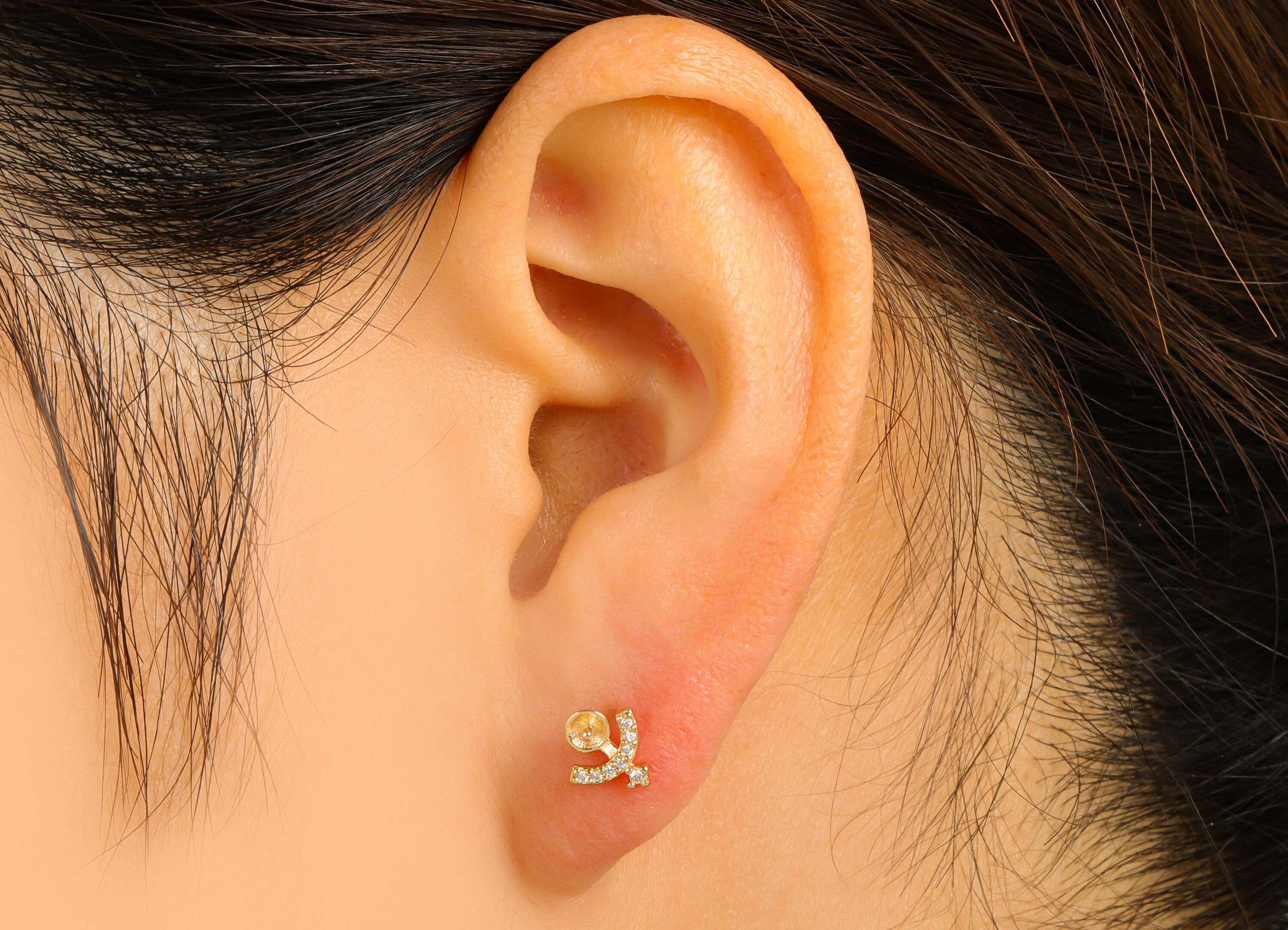 Brass Horoscopes Earring Stud - Cubic Zircon Taurus Earring Post - CZ Taurus Post For Pearl- 18K Real Gold Plated - 7.74x7x 1.68mm- RGP6261 - DOMEDBAZAAR