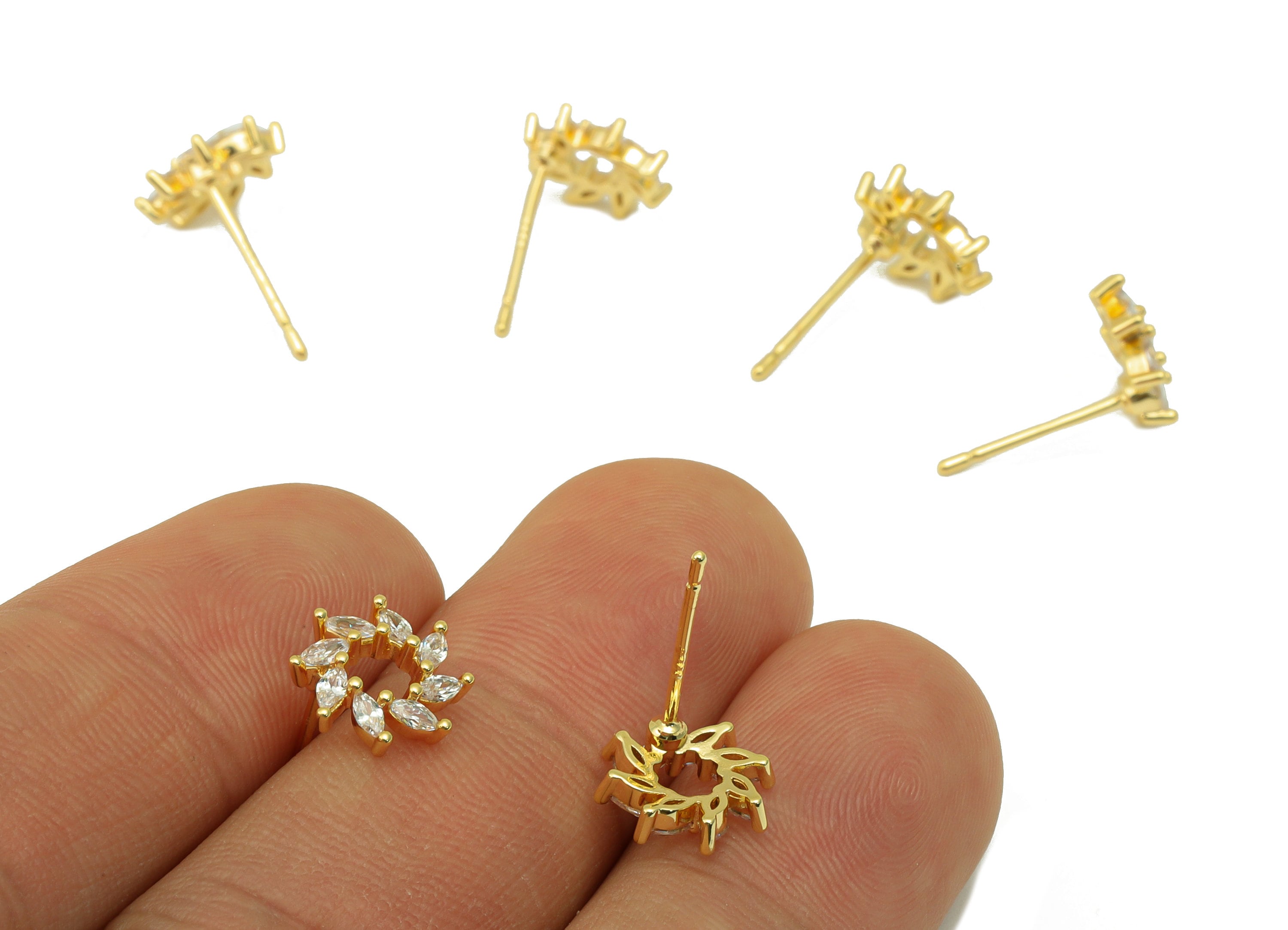 Brass Windmill Earring Stud - Cubic Zircon Flower Head Earring Post - Marquise Earring Post - 18K Real Gold Plated - 9.5x 9x1.75mm- RGP6260 - DOMEDBAZAAR