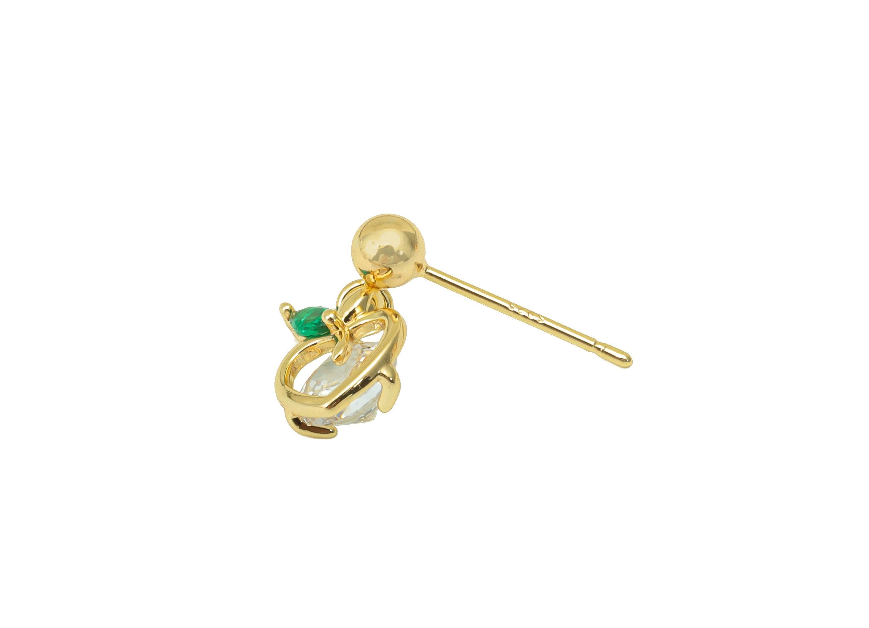 Brass Apple Earring Stud - Cubic Zircon Heart Head Earring Post - Green Leaf Earring Post - 18K Real Gold Plated - 14.95x7.7x4.48mm- RGP6272 - DOMEDBAZAAR