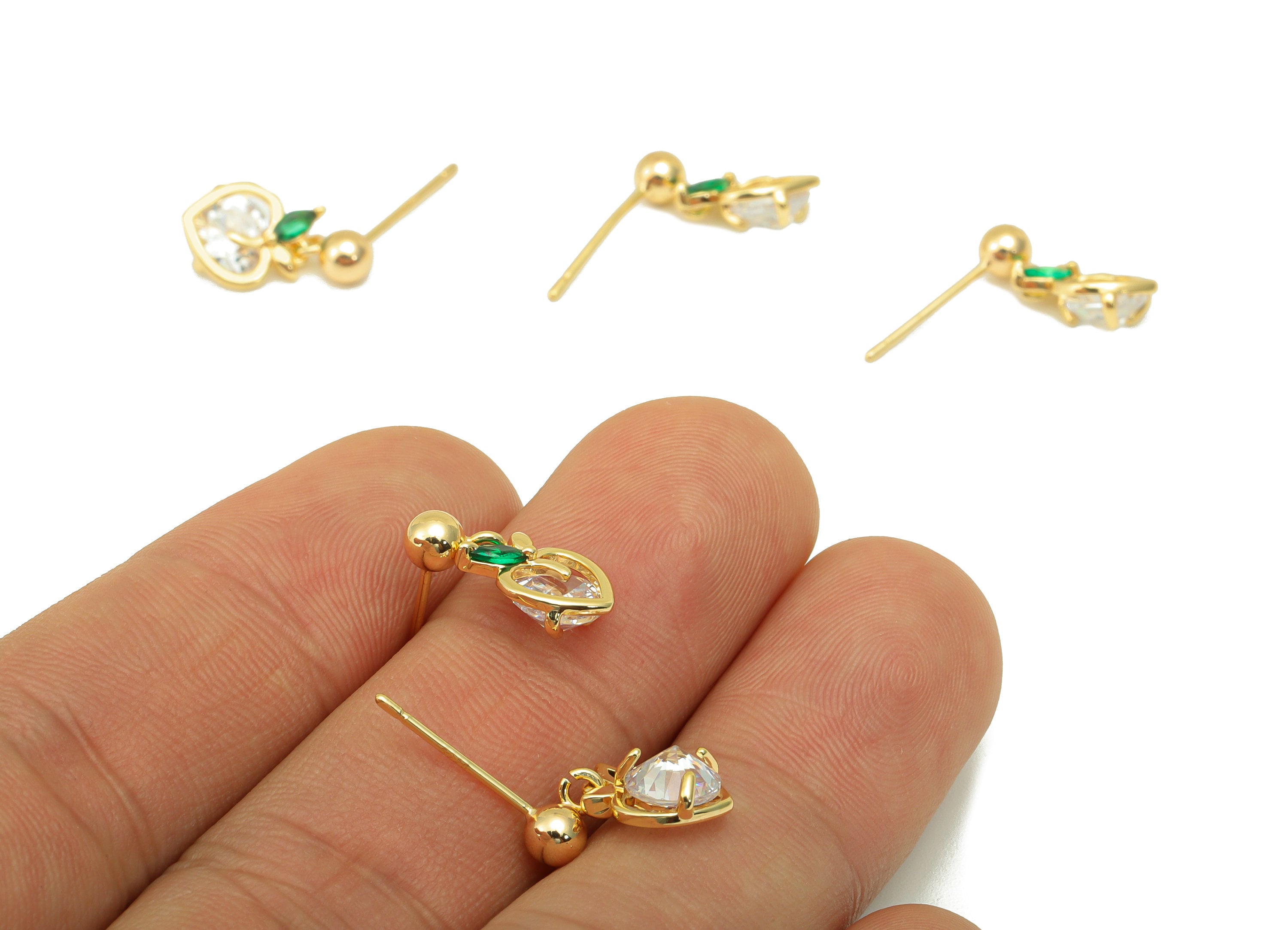 Brass Apple Earring Stud - Cubic Zircon Heart Head Earring Post - Green Leaf Earring Post - 18K Real Gold Plated - 14.95x7.7x4.48mm- RGP6272 - DOMEDBAZAAR