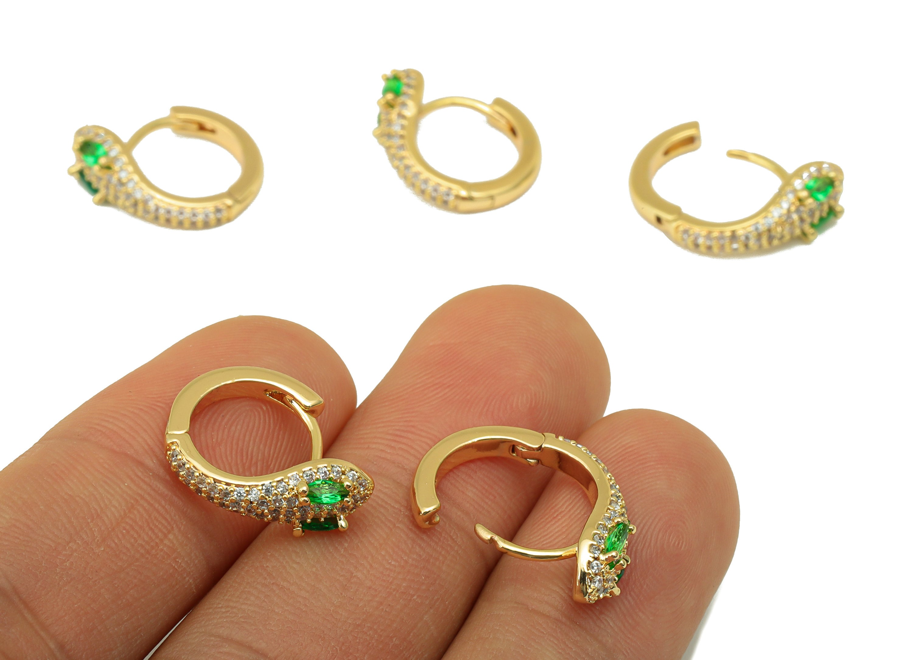 Brass Shake Clasp - Cubic Zircon Huggie Clasp - Green Hoop Clasp - CZ Snake Clasp Huggie - 18K Real Gold Plated - 16.51x15x 2.23mm- RGP6269 - DOMEDBAZAAR