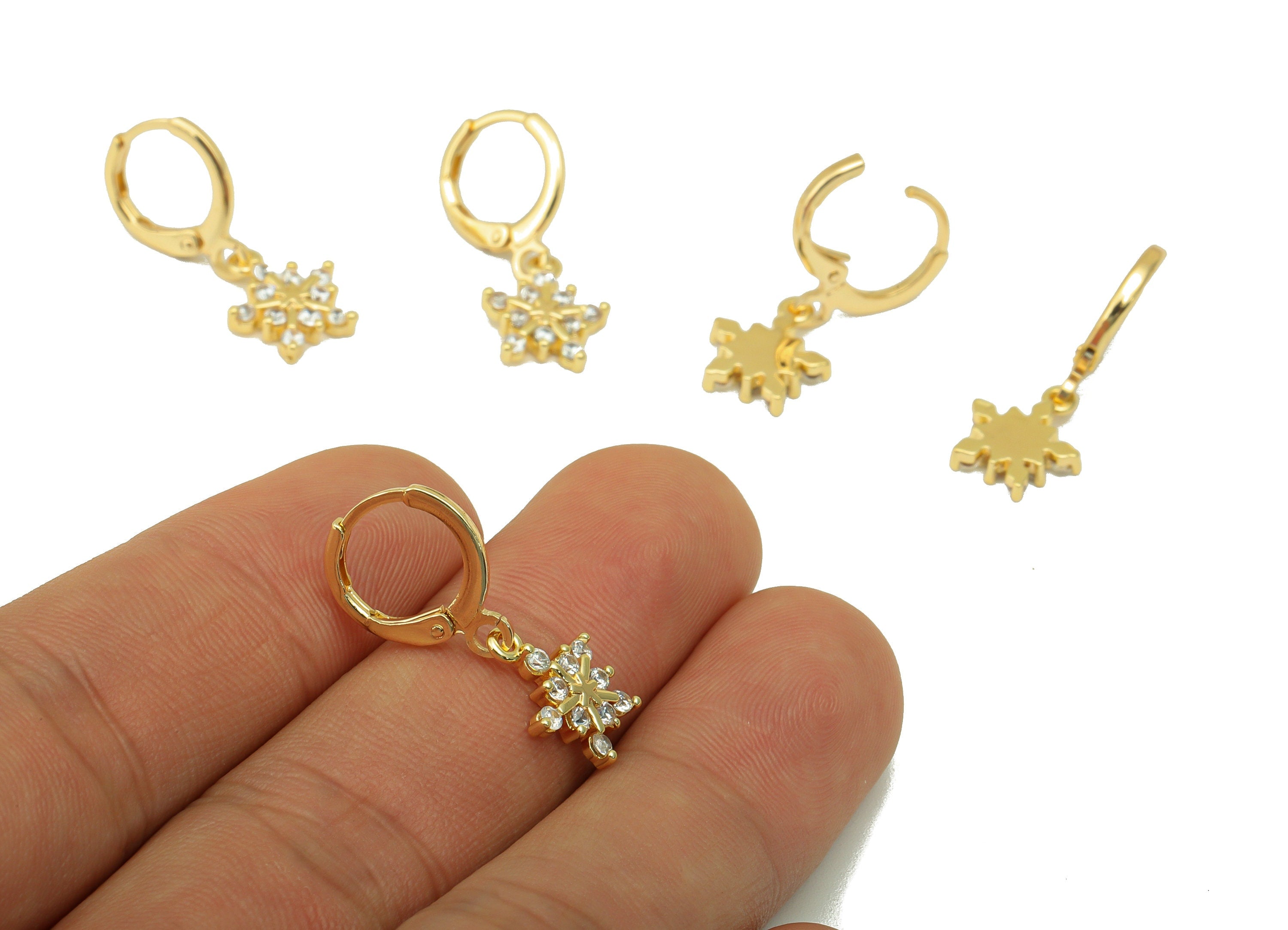 Brass Snowflake Clasp - Cubic Zircon Huggie Clasp - Lever Back Hoop Clasp - CZ Clasp Huggie - 18K Real Gold Plated -25.5x11x 2.38mm- RGP6275 - DOMEDBAZAAR