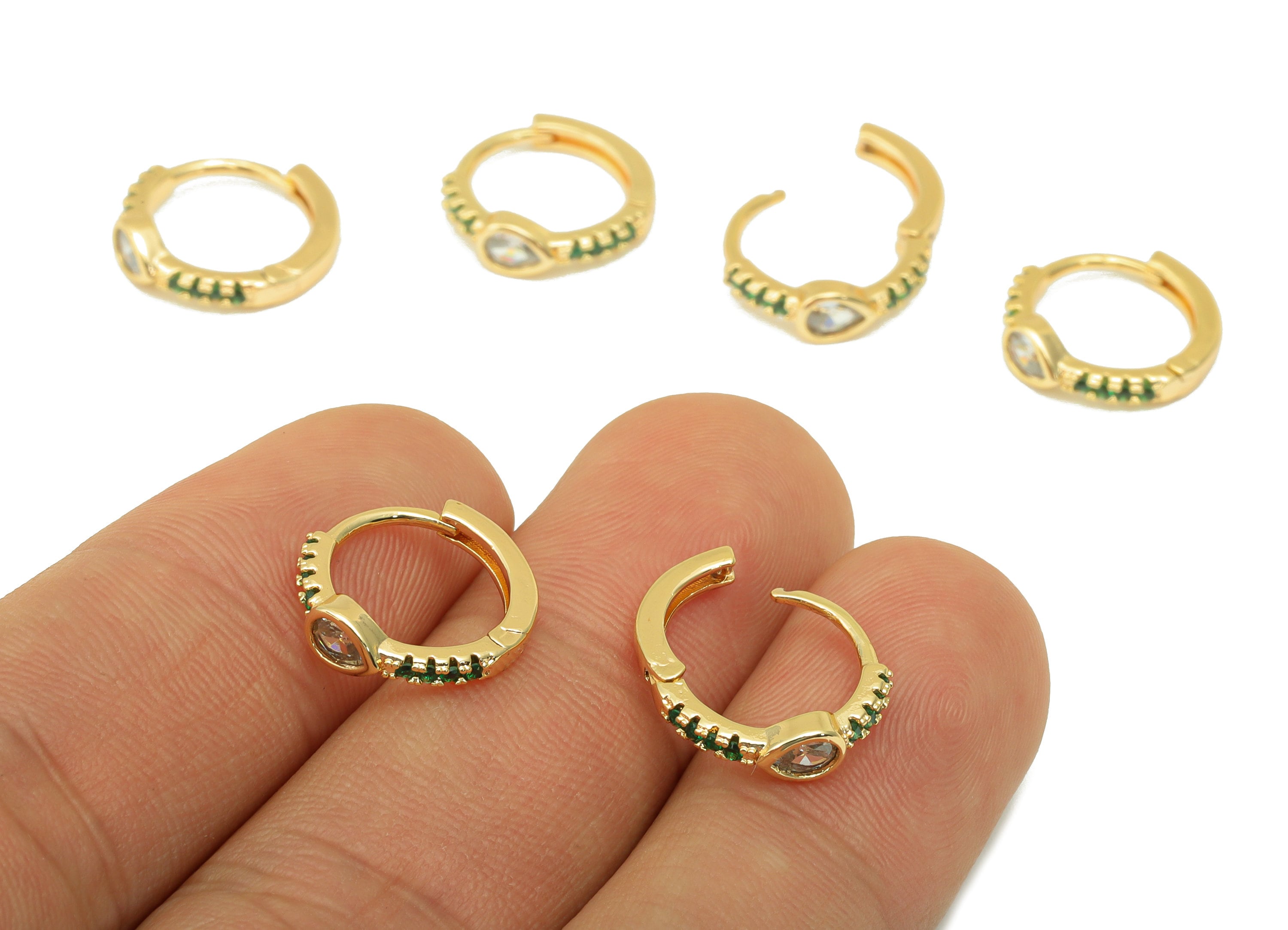 Brass Ring Clasp - Cubic Zircon Huggie Clasp - Green Hoop Clasp - CZ Teardrop Clasp Huggie - 18K Real Gold Plated -14.05x12.95x2mm- RGP6274 - DOMEDBAZAAR