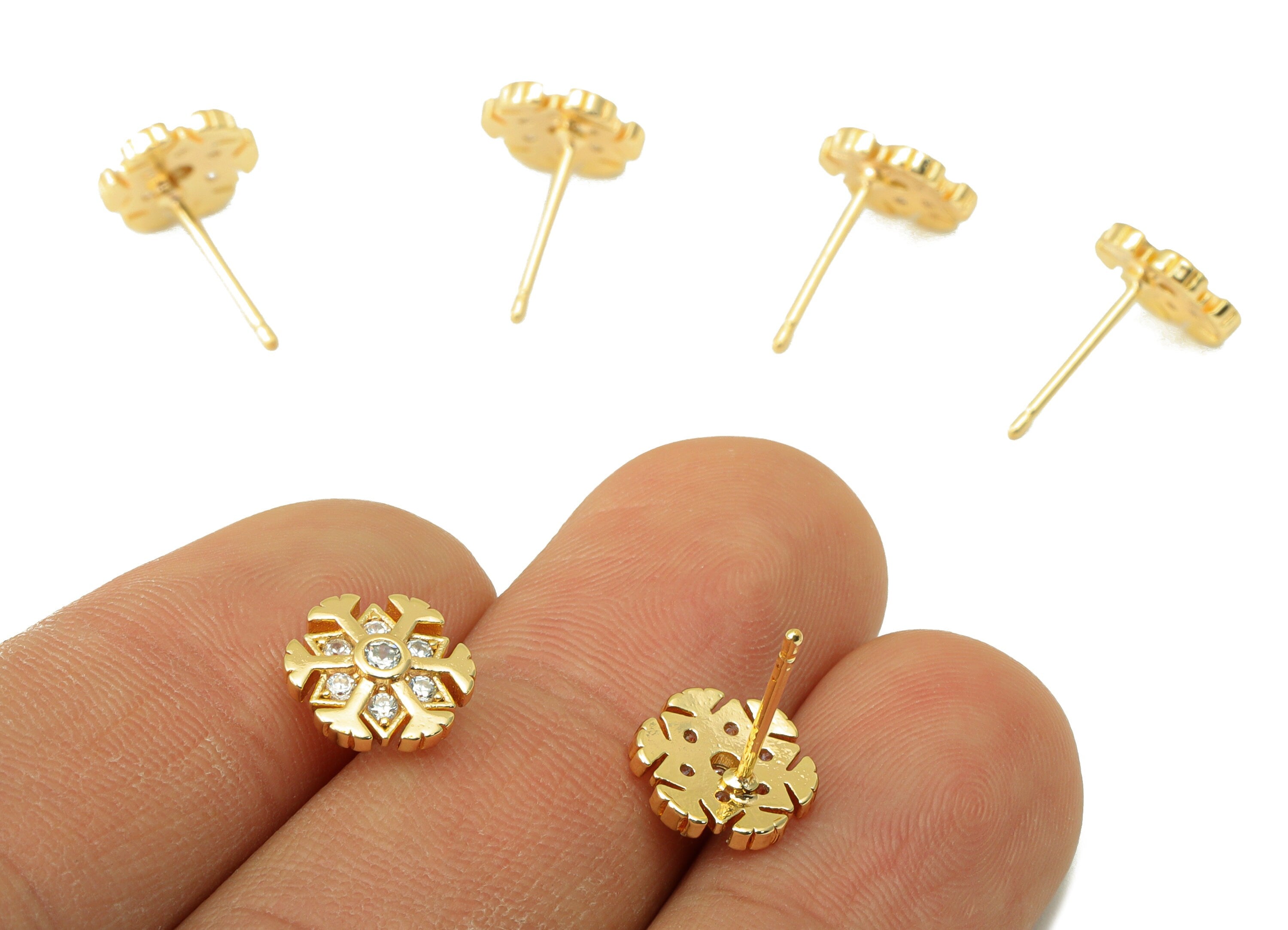 Brass Snowflake Earrings Stud - Brass Flower Earring Post - Cubic Zircon Earring Post - 18K Real Gold Plated -9.2x9.27x1.64mm- RGP6219 - DOMEDBAZAAR