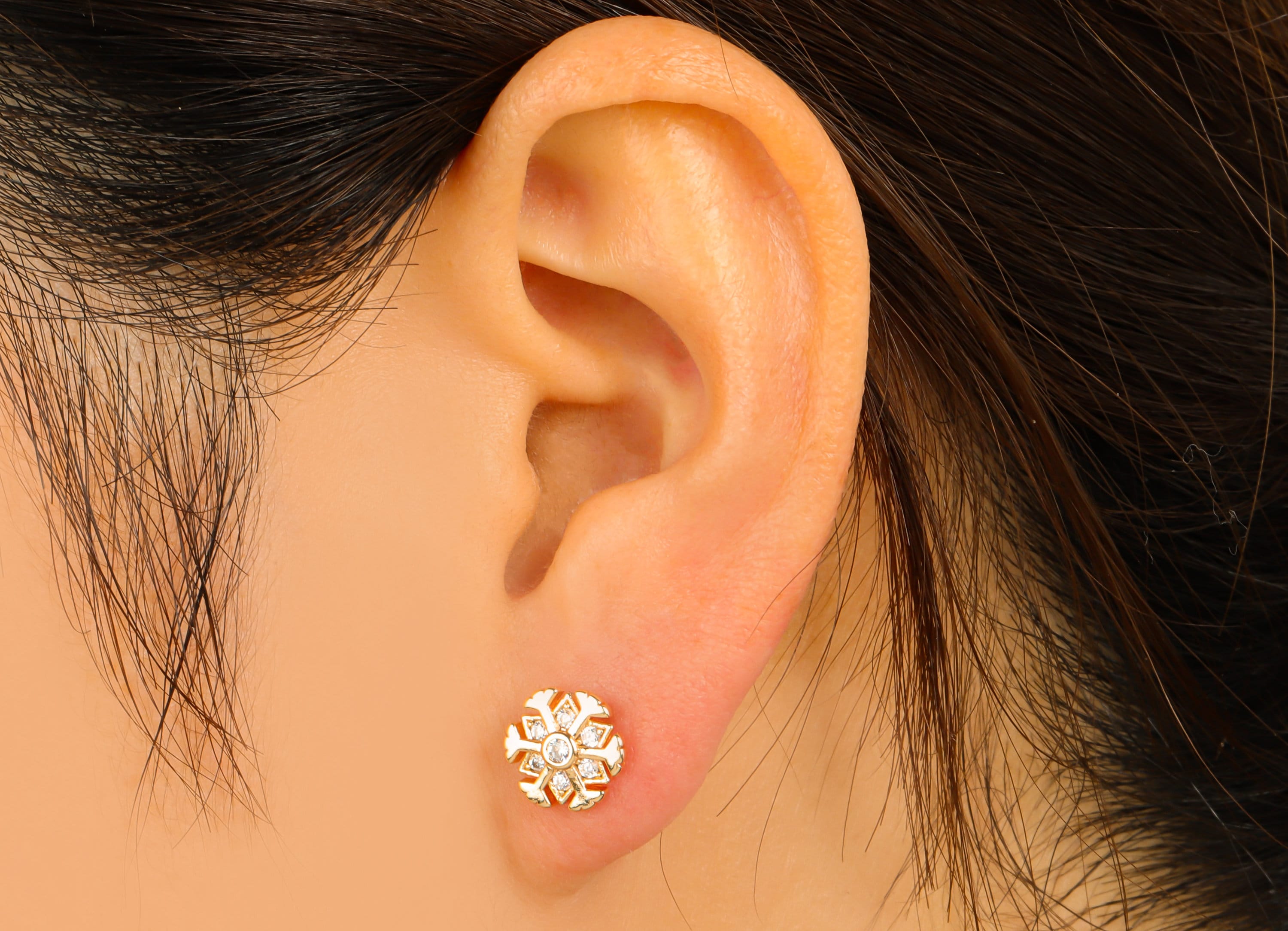 Brass Snowflake Earrings Stud - Brass Flower Earring Post - Cubic Zircon Earring Post - 18K Real Gold Plated -9.2x9.27x1.64mm- RGP6219 - DOMEDBAZAAR