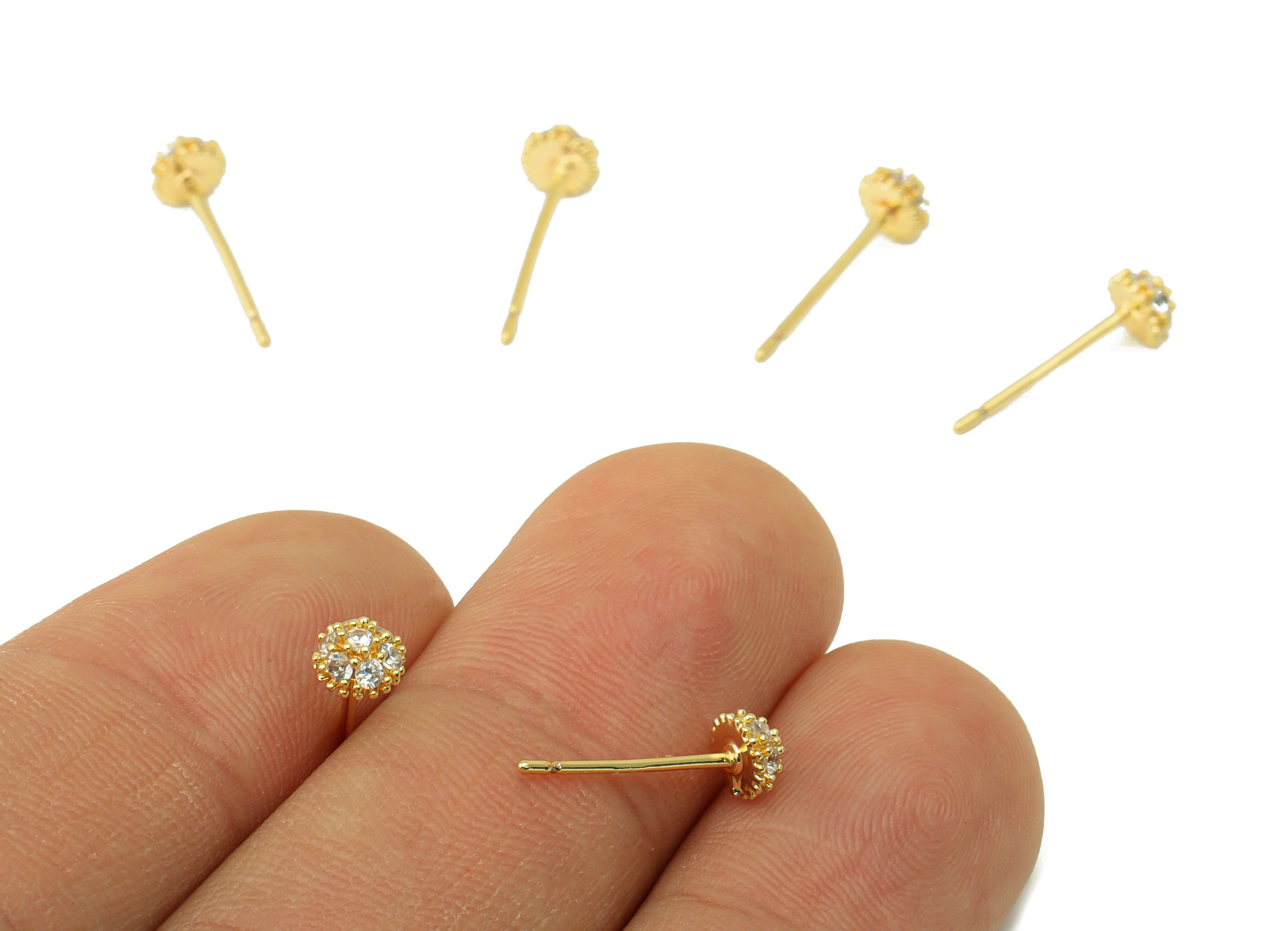 Brass Half Round Earrings Stud - Brass Button Earring Post - Mini Cubic Zircon Earring Post - 18K Real Gold Plated - 5x4.74x 2.78mm- RGP6242 - DOMEDBAZAAR