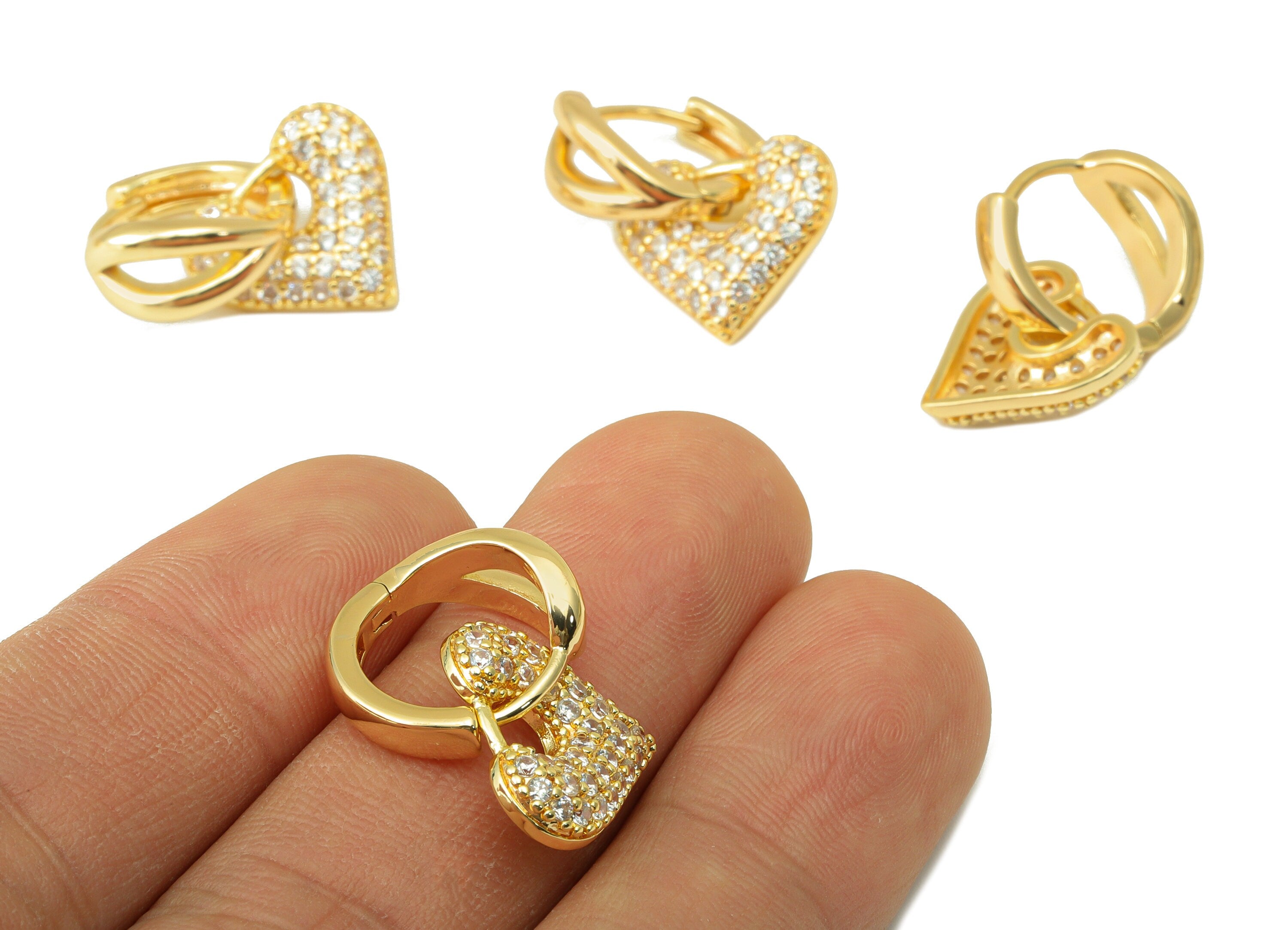Brass Heart Hoop Clasp- Brass Cubic Zirconia Clasp - CZ Huggie Hoop - Heart Huggie Hoop - 18K Real Gold Plated -24.05x15.31x 2.57mm- RGP6264 - DOMEDBAZAAR