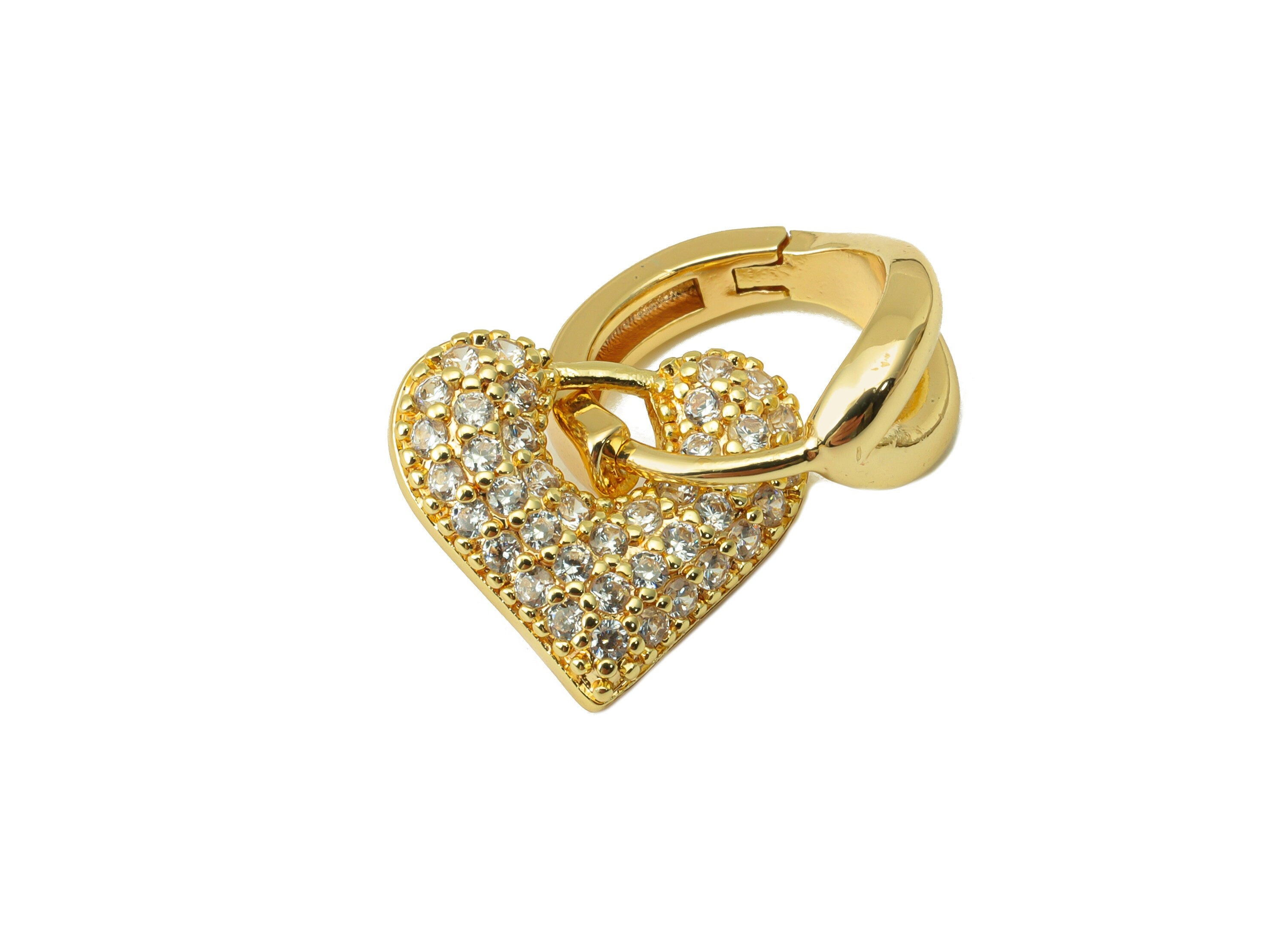Brass Heart Hoop Clasp- Brass Cubic Zirconia Clasp - CZ Huggie Hoop - Heart Huggie Hoop - 18K Real Gold Plated -24.05x15.31x 2.57mm- RGP6264 - DOMEDBAZAAR