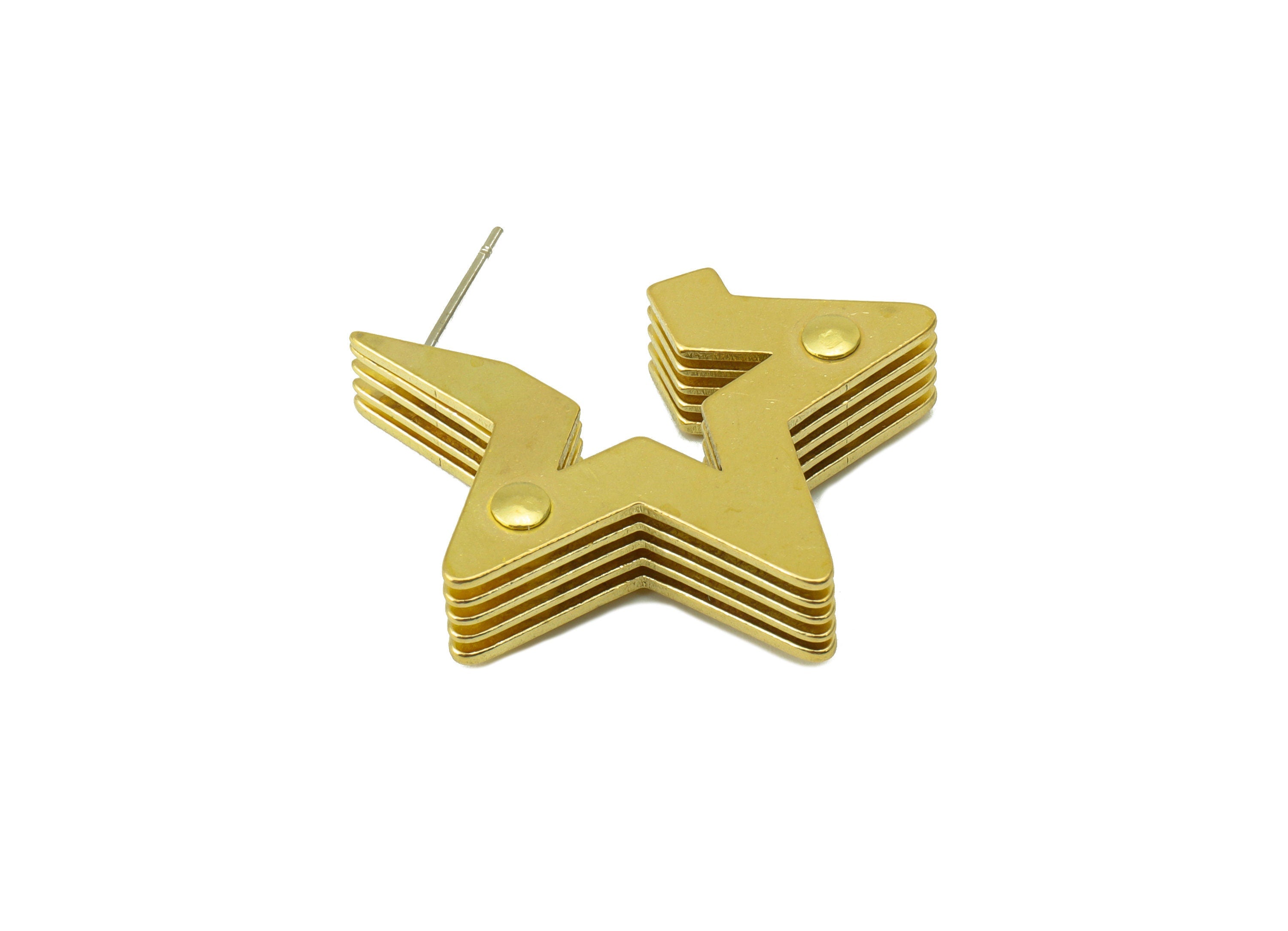 Brass Five layers Star Earring Stud – Raw Brass Stack Geometry Post -Cubic Notch Stud - Earring Post -Jewelry Supplies - 30x30x8mm -PP8482 - DOMEDBAZAAR