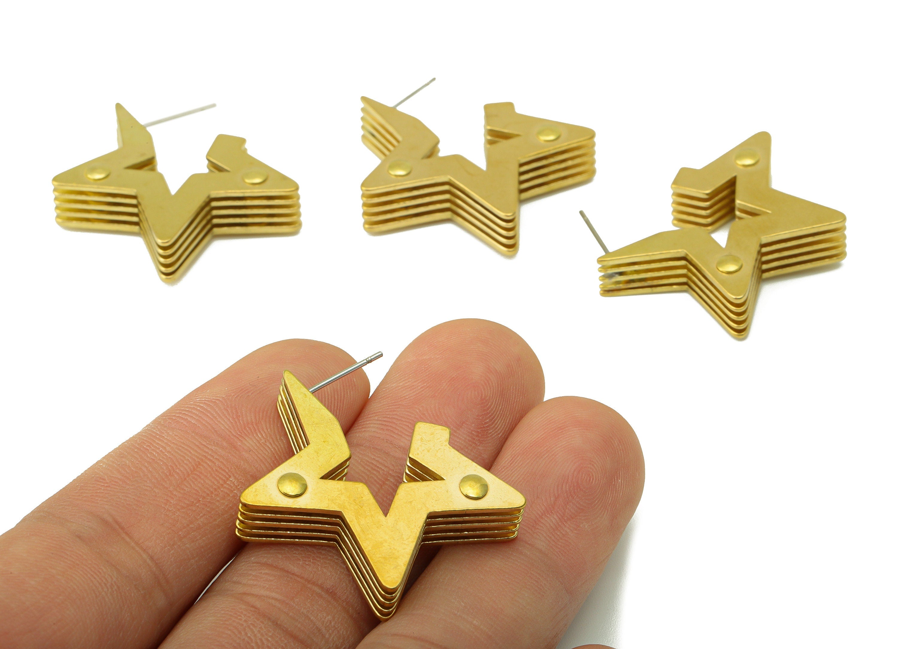 Brass Five layers Star Earring Stud – Raw Brass Stack Geometry Post -Cubic Notch Stud - Earring Post -Jewelry Supplies - 30x30x8mm -PP8482 - DOMEDBAZAAR