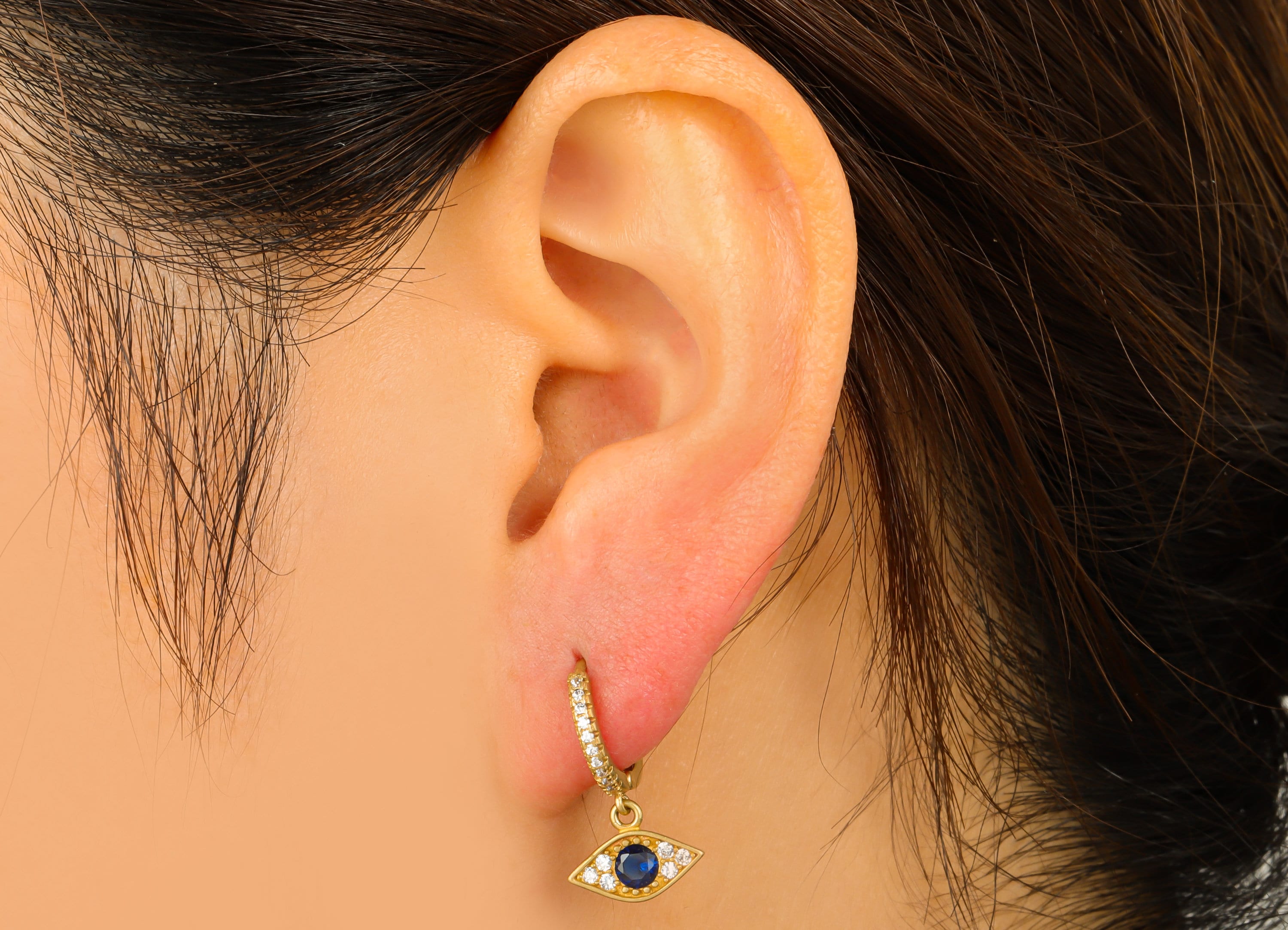 Brass Evil Eyes Clasp –Raw Brass Huggie Hoop - Cubic Zircon Blue Eye Earring Clasp - Jewelry Supplies - 20.71x12.68x1.85mm - PP8475 - DOMEDBAZAAR