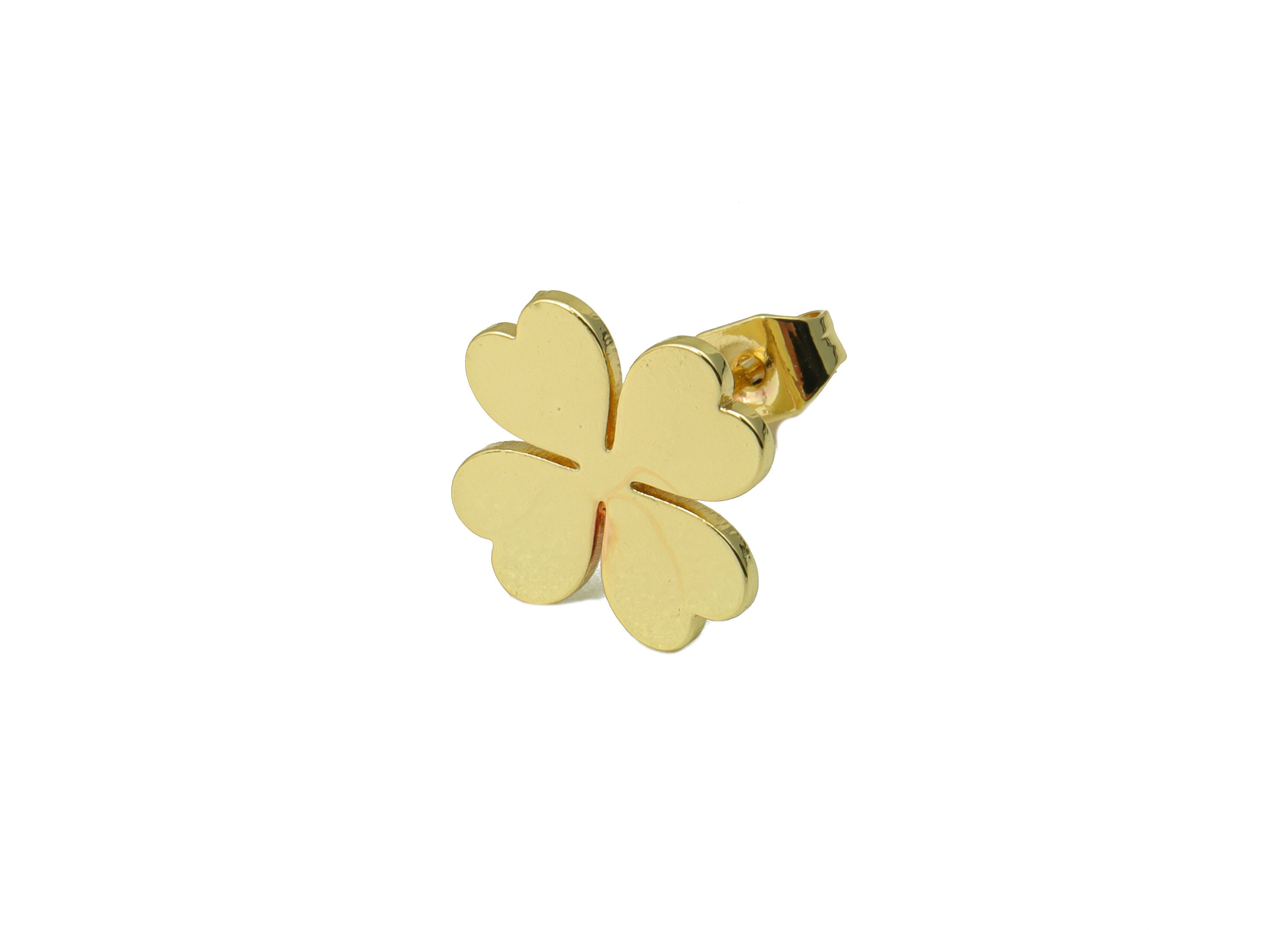 Brass Heart Earring Stud - Brass Heart Earring Post - Four Leaf Clover - Gold Clover Earring- 18K Real Gold Plated - 11x 11x 0.63mm-RGP6585G - DOMEDBAZAAR