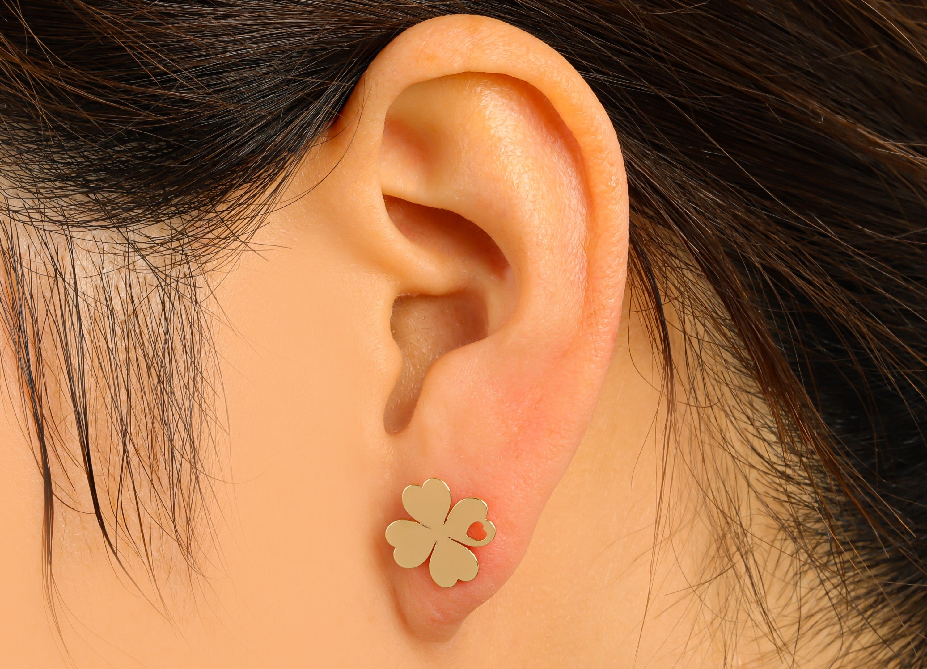 Brass Heart Earring Stud - Heart Earring Post With Hole - Four Leaf Clover - Gold Clover Earring- 18K Real Gold Plated - 11x11x1mm-RGP6584G - DOMEDBAZAAR