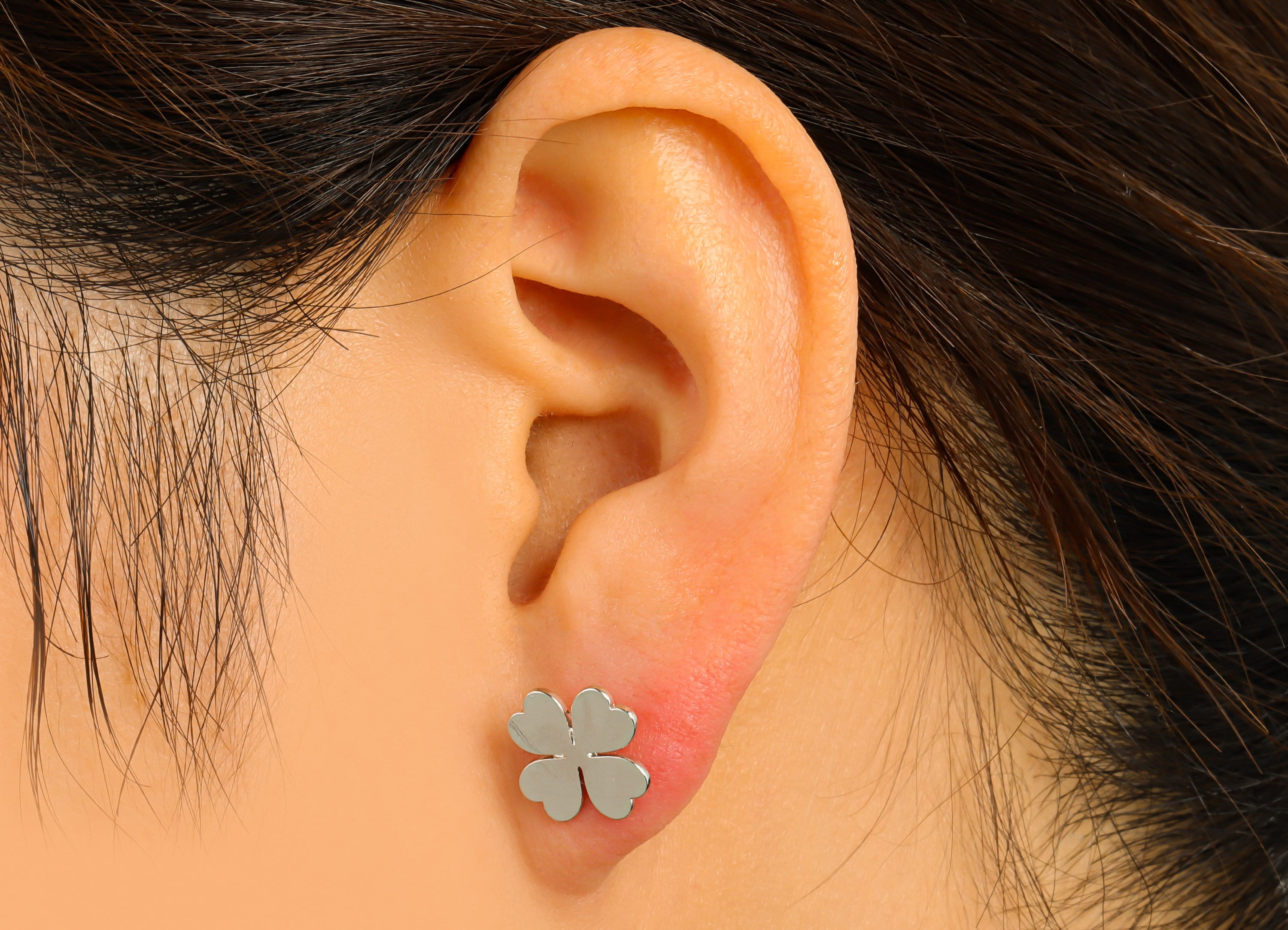 Brass Heart Earring Stud - Heart Earring Post - Four Leaf Clover - Silver Clover Earring -18K Real White Gold Plated- 11x11x1mm-RGP6585S - DOMEDBAZAAR