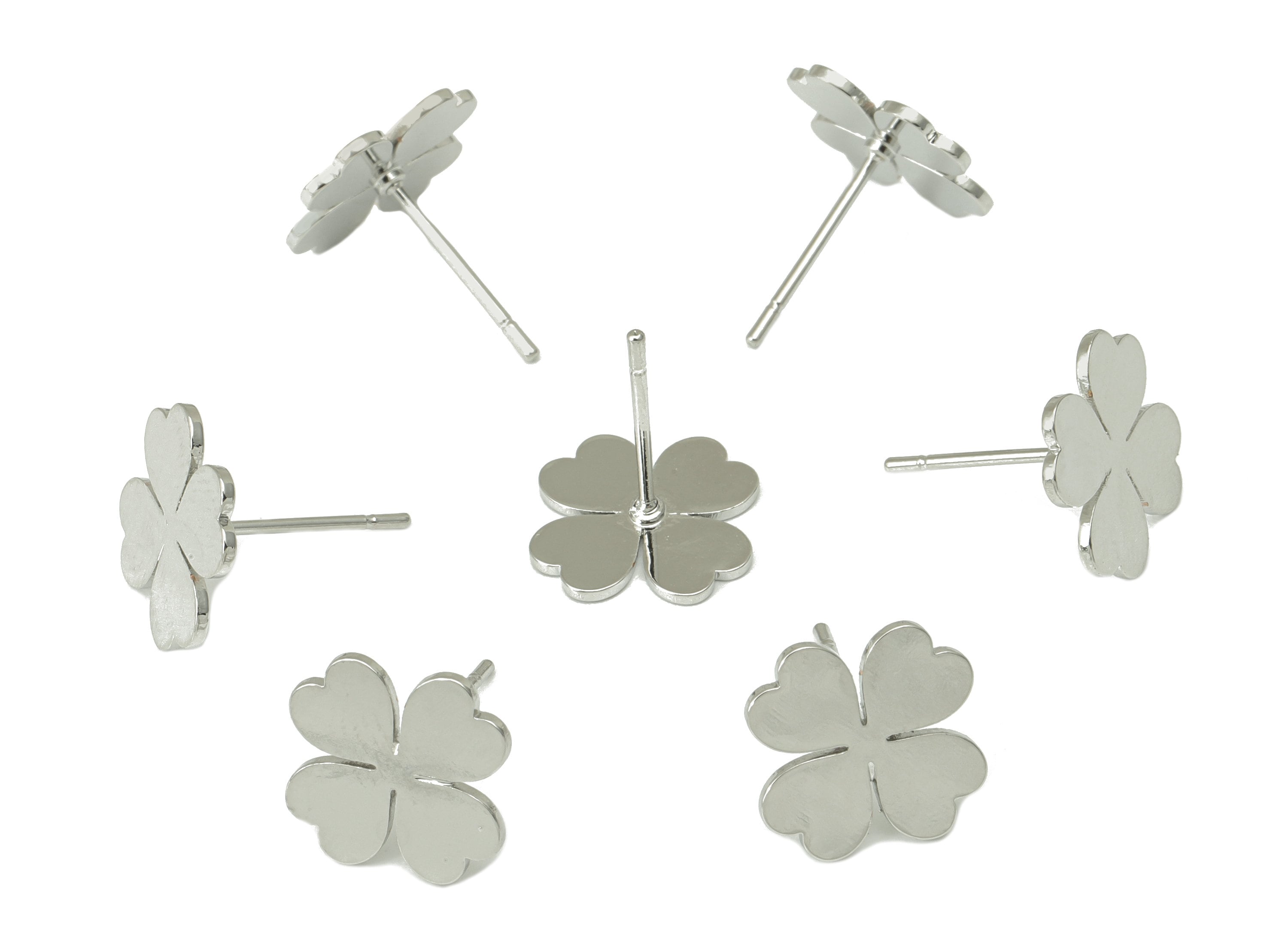 Brass Heart Earring Stud - Heart Earring Post - Four Leaf Clover - Silver Clover Earring -18K Real White Gold Plated- 11x11x1mm-RGP6585S - DOMEDBAZAAR