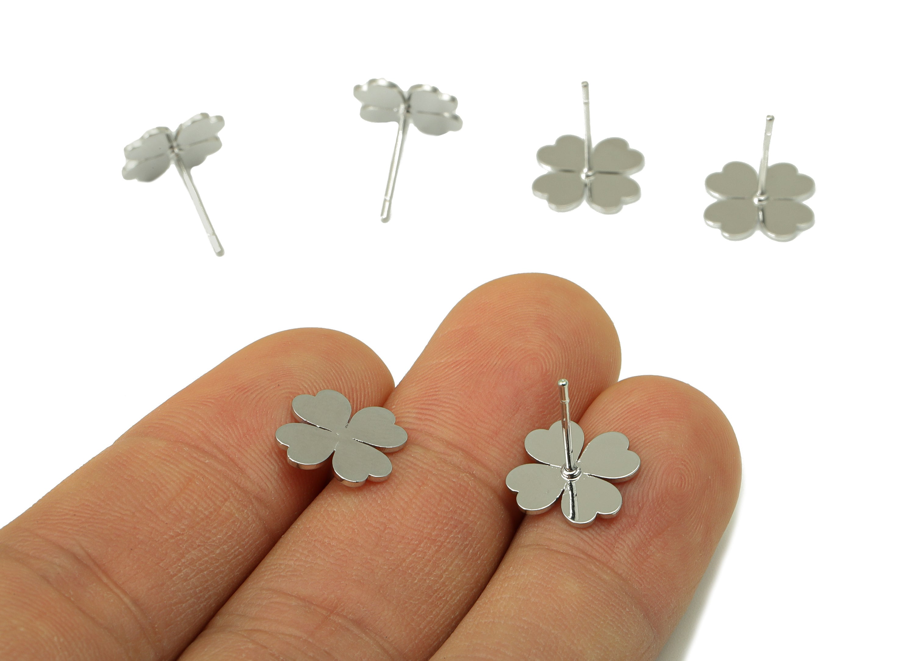 Brass Heart Earring Stud - Heart Earring Post - Four Leaf Clover - Silver Clover Earring -18K Real White Gold Plated- 11x11x1mm-RGP6585S - DOMEDBAZAAR