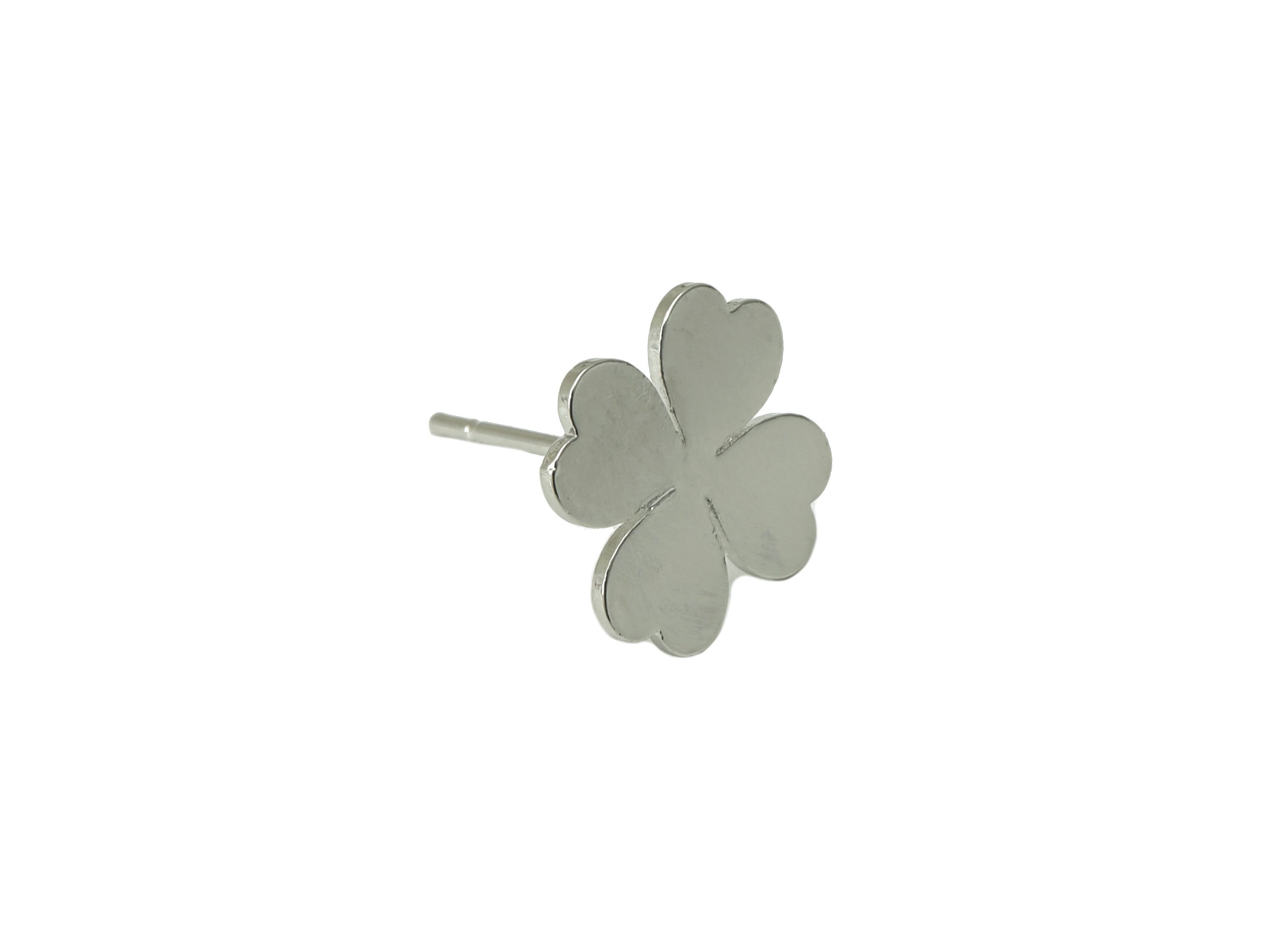 Brass Heart Earring Stud - Heart Earring Post - Four Leaf Clover - Silver Clover Earring -18K Real White Gold Plated- 11x11x1mm-RGP6585S - DOMEDBAZAAR