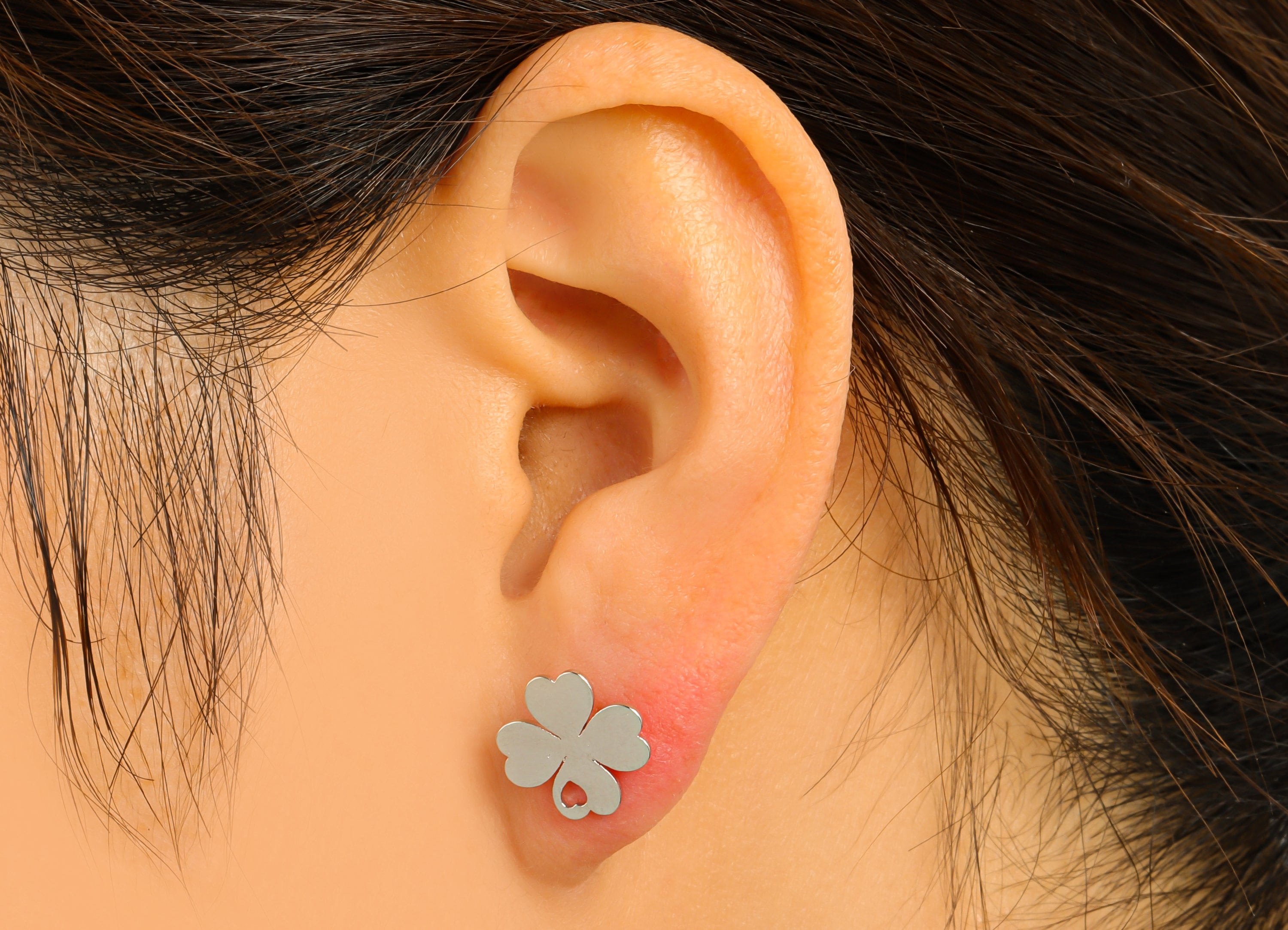 Brass Heart Earring Stud - Earring Post With Hole - Four Leaf Clover - Silver Clover Earring -18K Real White Gold Plated- 11x11x1mm-RGP6584S - DOMEDBAZAAR