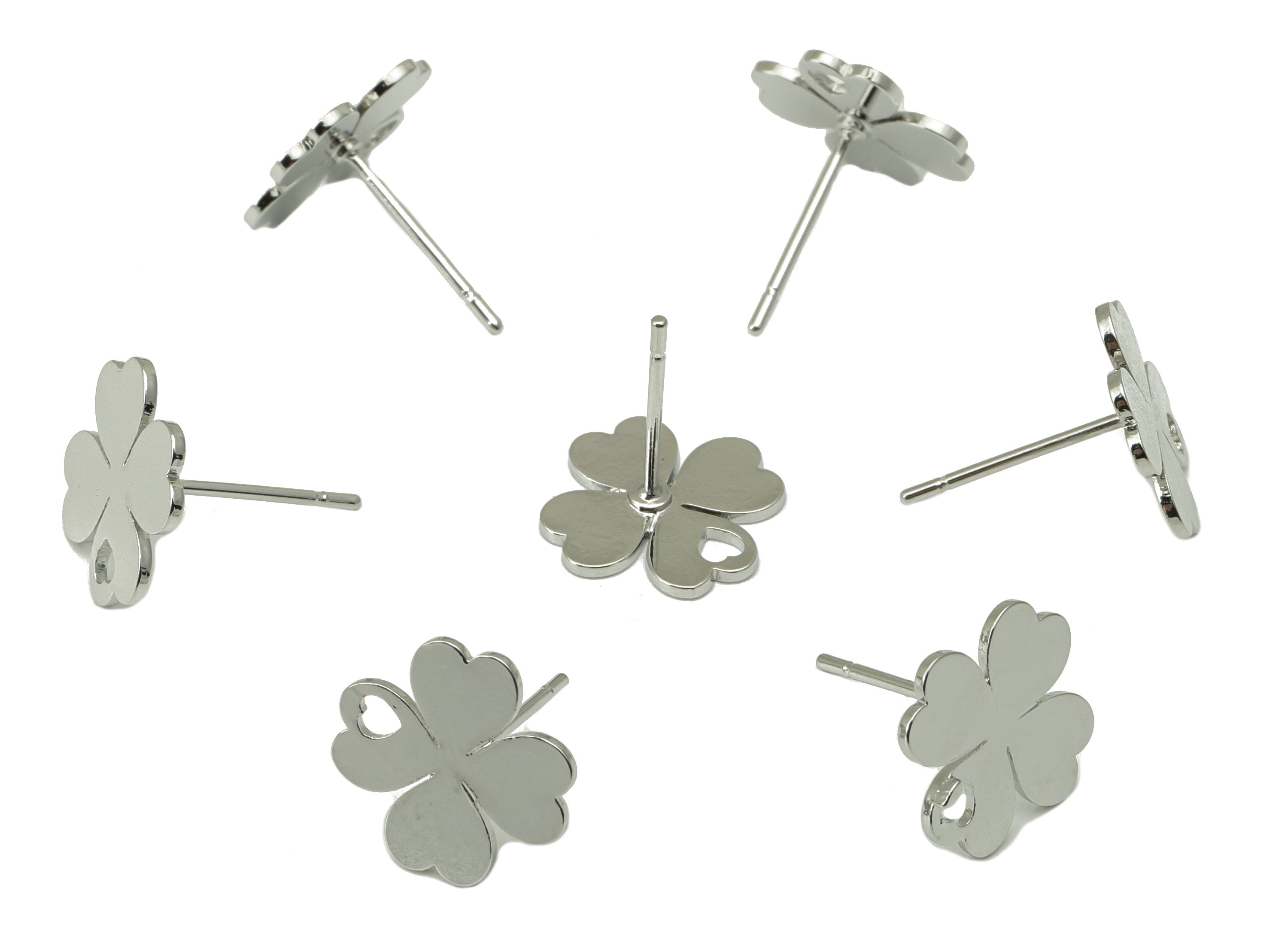 Brass Heart Earring Stud - Earring Post With Hole - Four Leaf Clover - Silver Clover Earring -18K Real White Gold Plated- 11x11x1mm-RGP6584S - DOMEDBAZAAR
