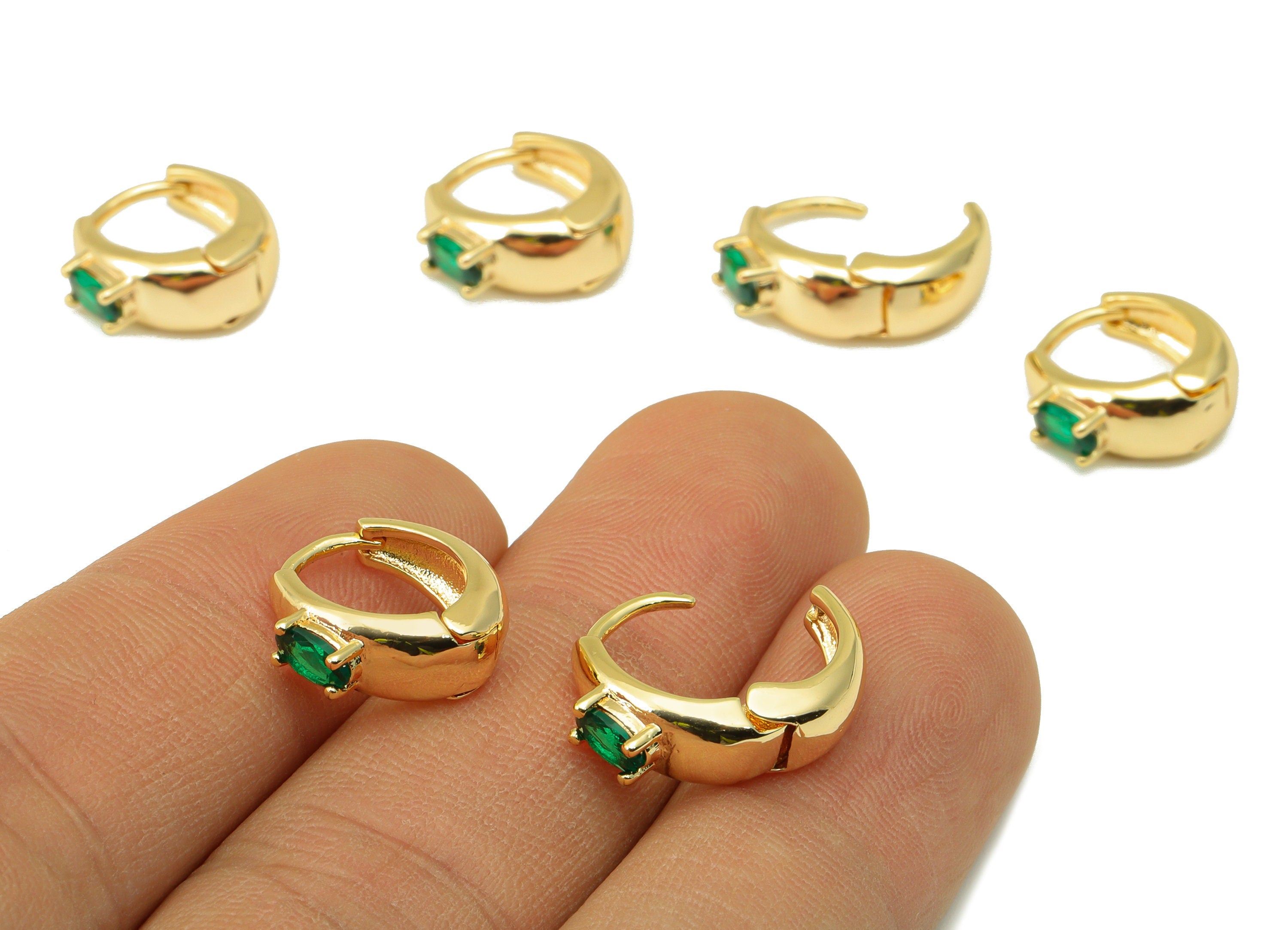 Brass Huggie Hoop Earring Clasp - Brass Green Ellipse Hoop Clasp - Ring Oval Cubic Zirconia Clasp - 18K Real Gold Plated -13x14x3mm- RGP6528 - DOMEDBAZAAR